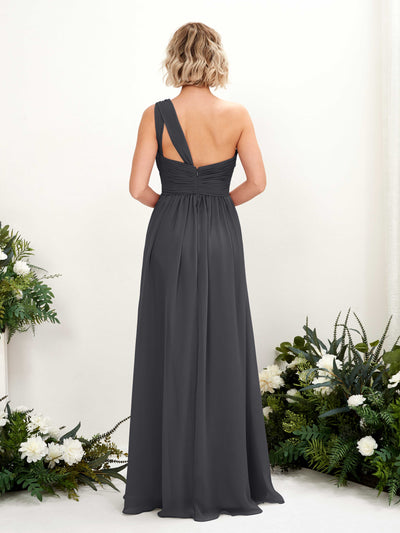 Carlyna A-Linie Geraffte One-Shoulder Chiffon Bodenlanges Brautjungfernkleid Zinnfarben #farbe_zinnfarben