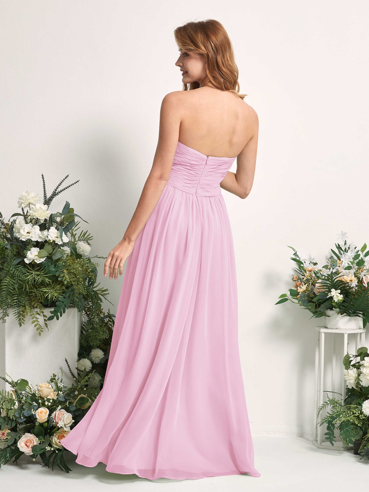 Carlyna A-Linie Herzausschnitt Bodenlang Chiffonkleid gerafft Brautjungfernkleid Bonbonrosa #farbe_bonbonrosa