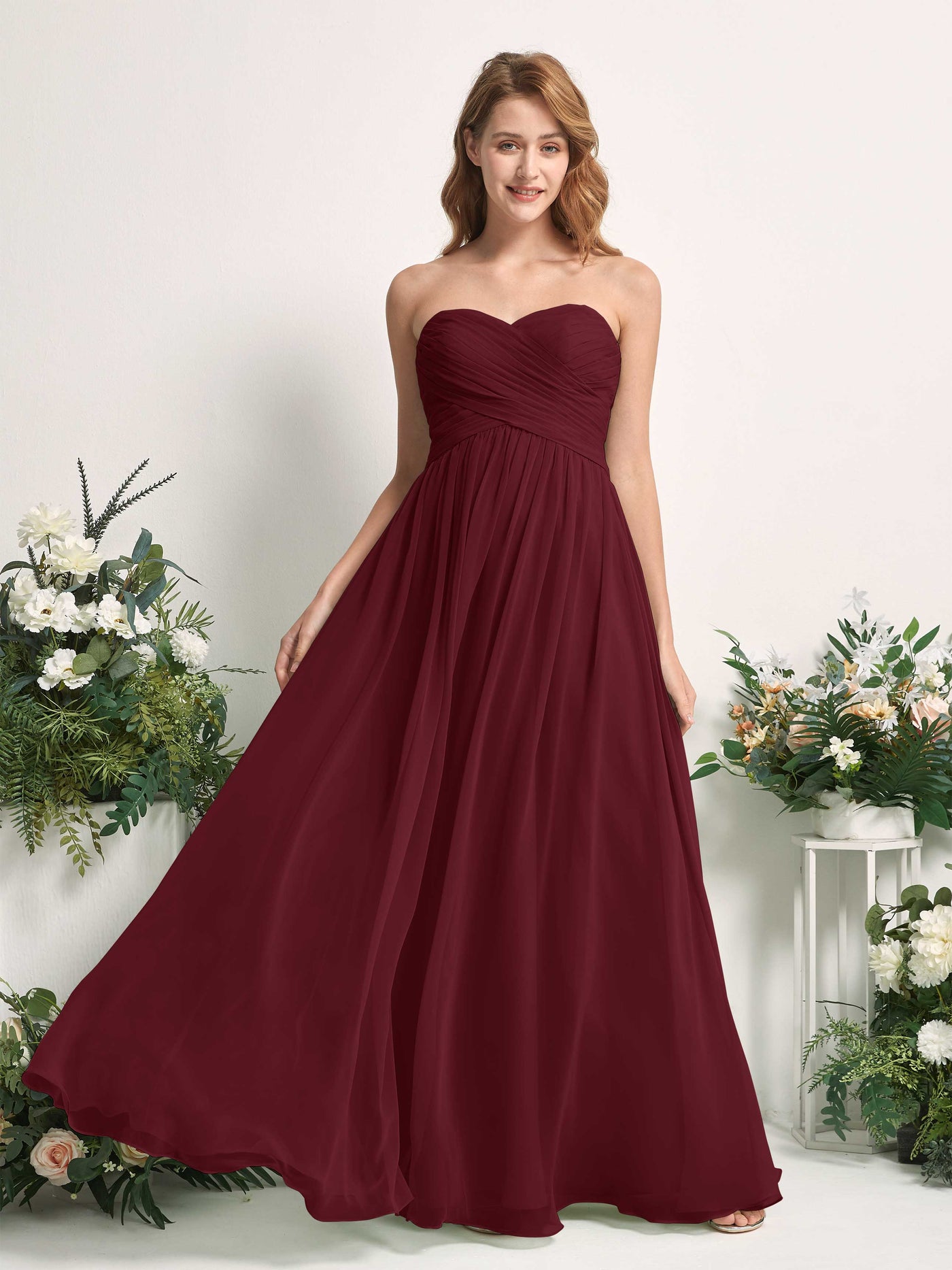 Carlyna A-Linie Herzausschnitt Bodenlang Chiffonkleid gerafft Brautjungfernkleid Burgunderrot #farbe_burgunderrot