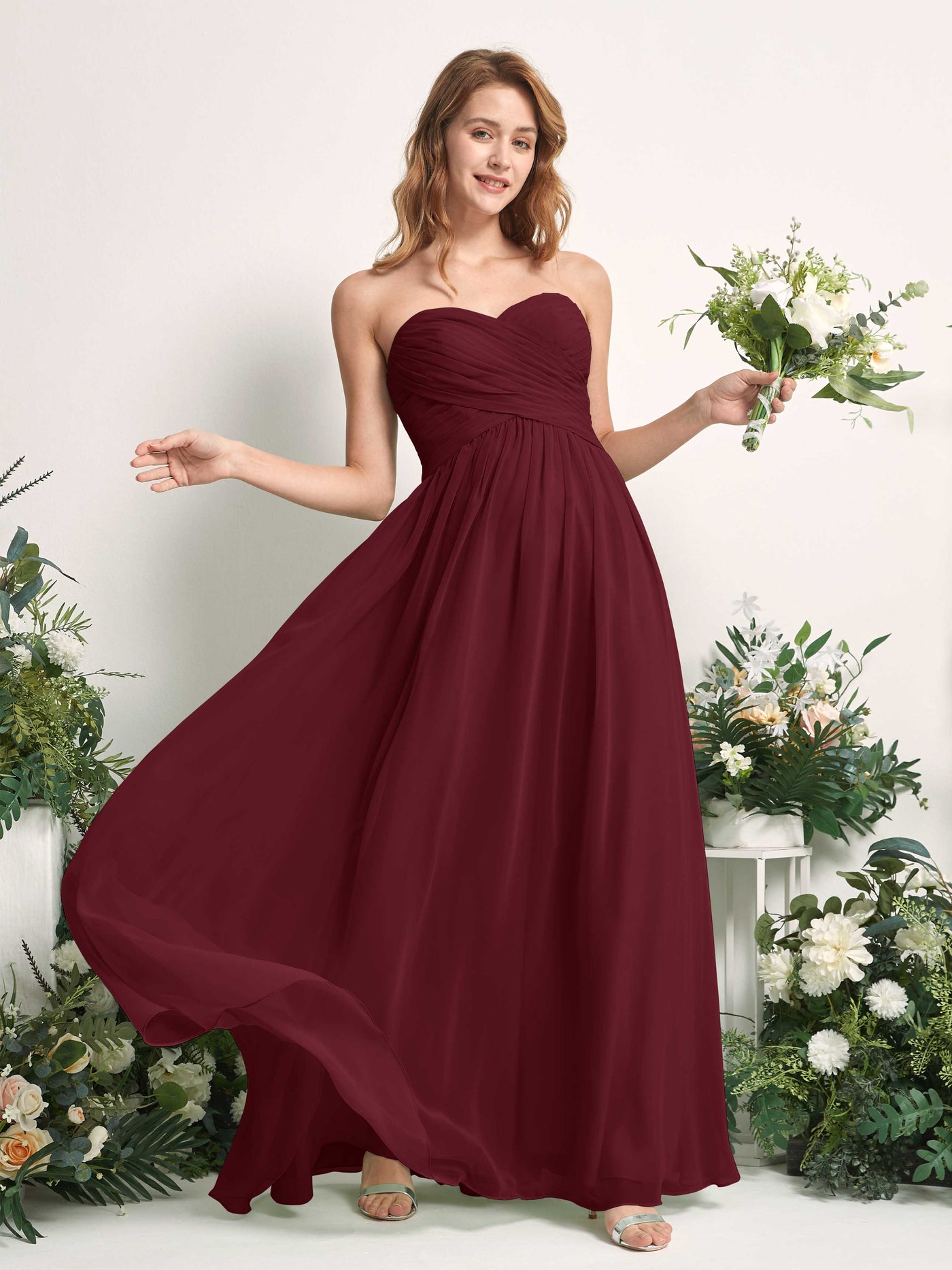 Carlyna A-Linie Herzausschnitt Bodenlang Chiffonkleid gerafft Brautjungfernkleid Burgunderrot #farbe_burgunderrot