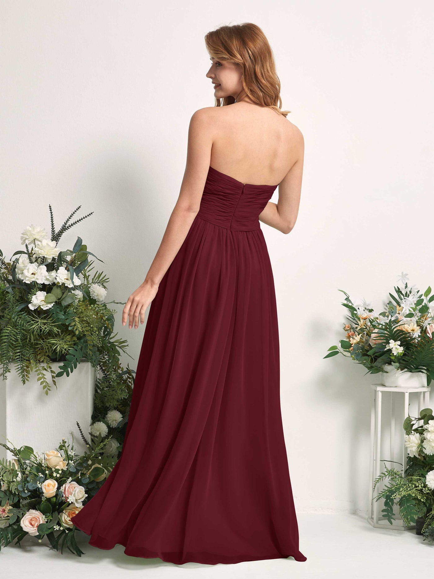 Carlyna A-Linie Herzausschnitt Bodenlang Chiffonkleid gerafft Brautjungfernkleid Burgunderrot #farbe_burgunderrot