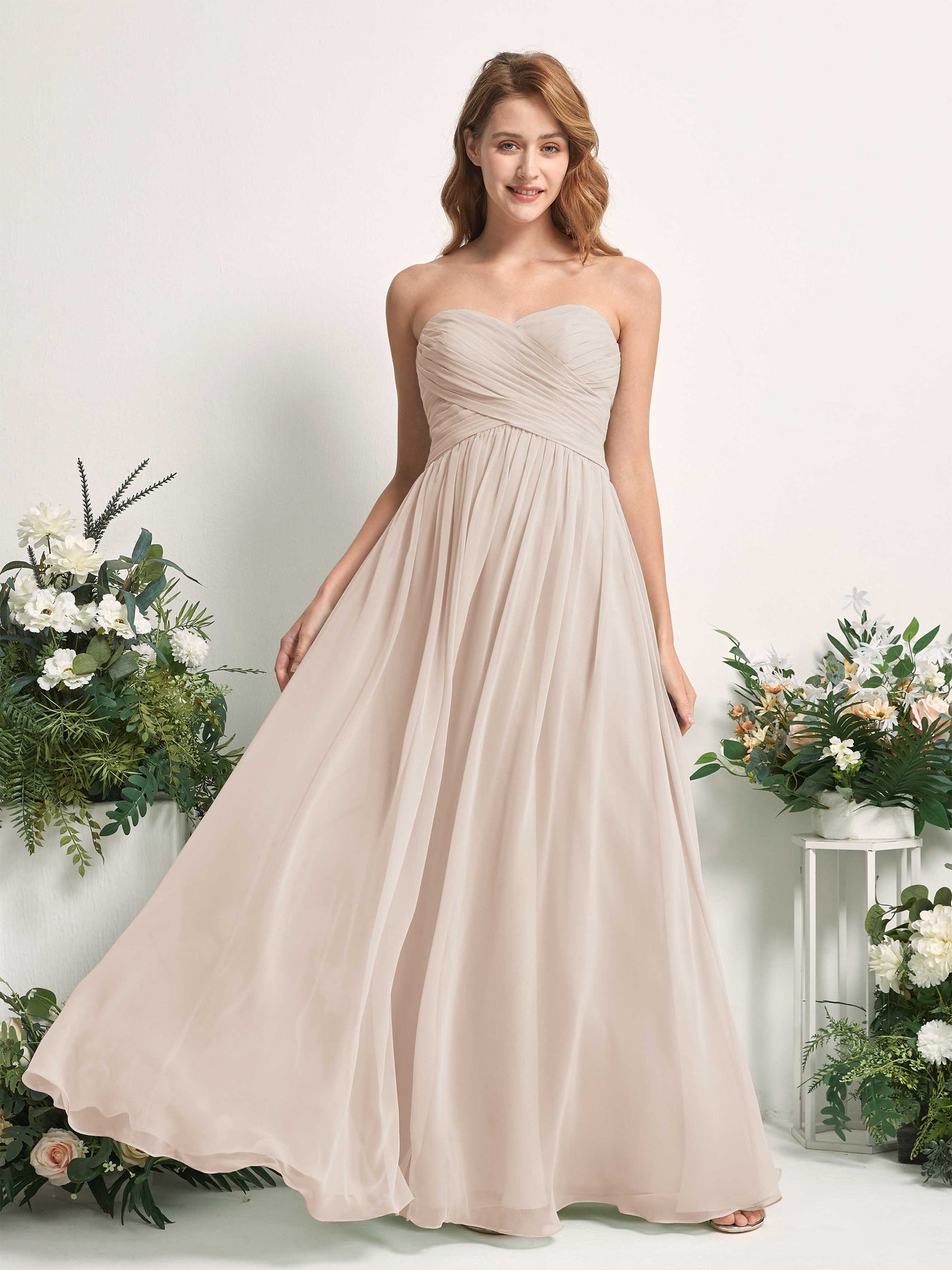 Carlyna A-Linie Herzausschnitt Bodenlang Chiffonkleid gerafft Brautjungfernkleid Champagner #farbe_champagner