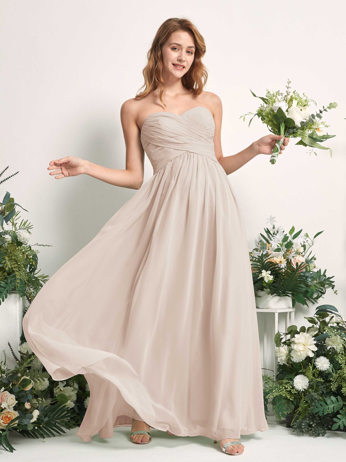 Carlyna A-Linie Herzausschnitt Bodenlang Chiffonkleid gerafft Brautjungfernkleid Champagner #farbe_champagner