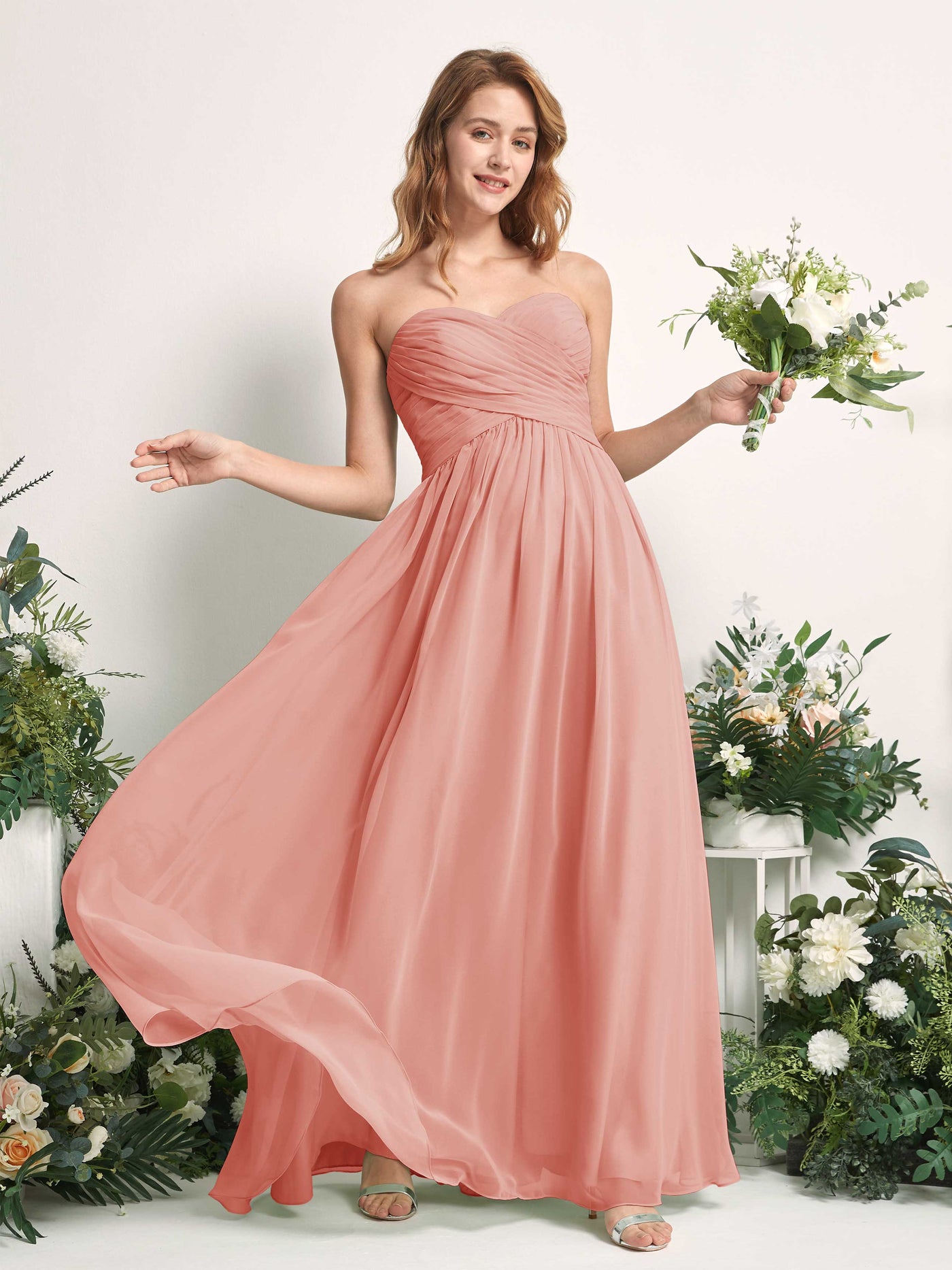 Carlyna A-Linie Herzausschnitt Bodenlang Chiffonkleid gerafft Brautjungfernkleid Champagner-Rose #farbe_champagner-rose