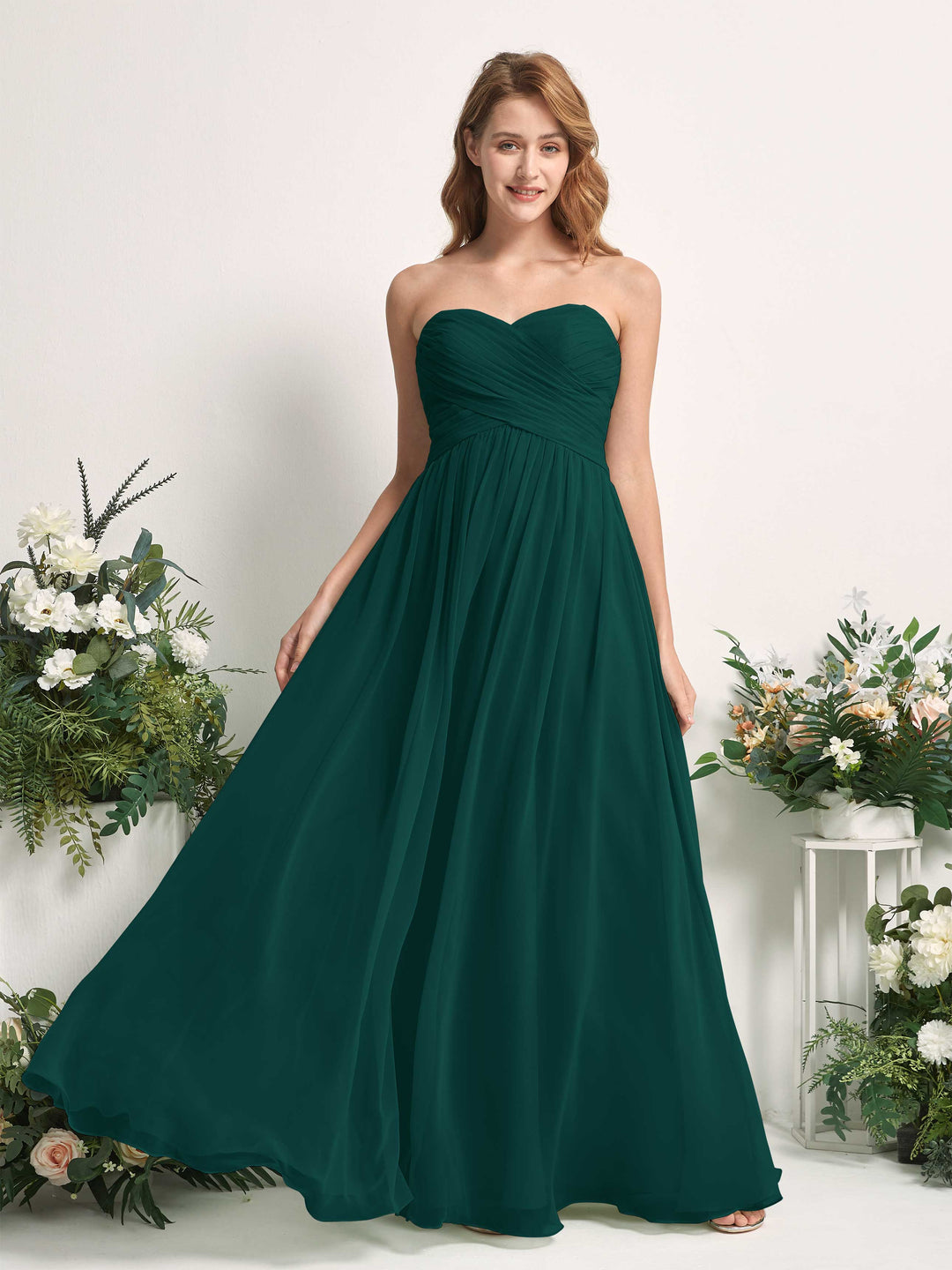 Carlyna A-Linie Herzausschnitt Bodenlang Chiffonkleid gerafft Brautjungfernkleid Dunkelsmaragd 