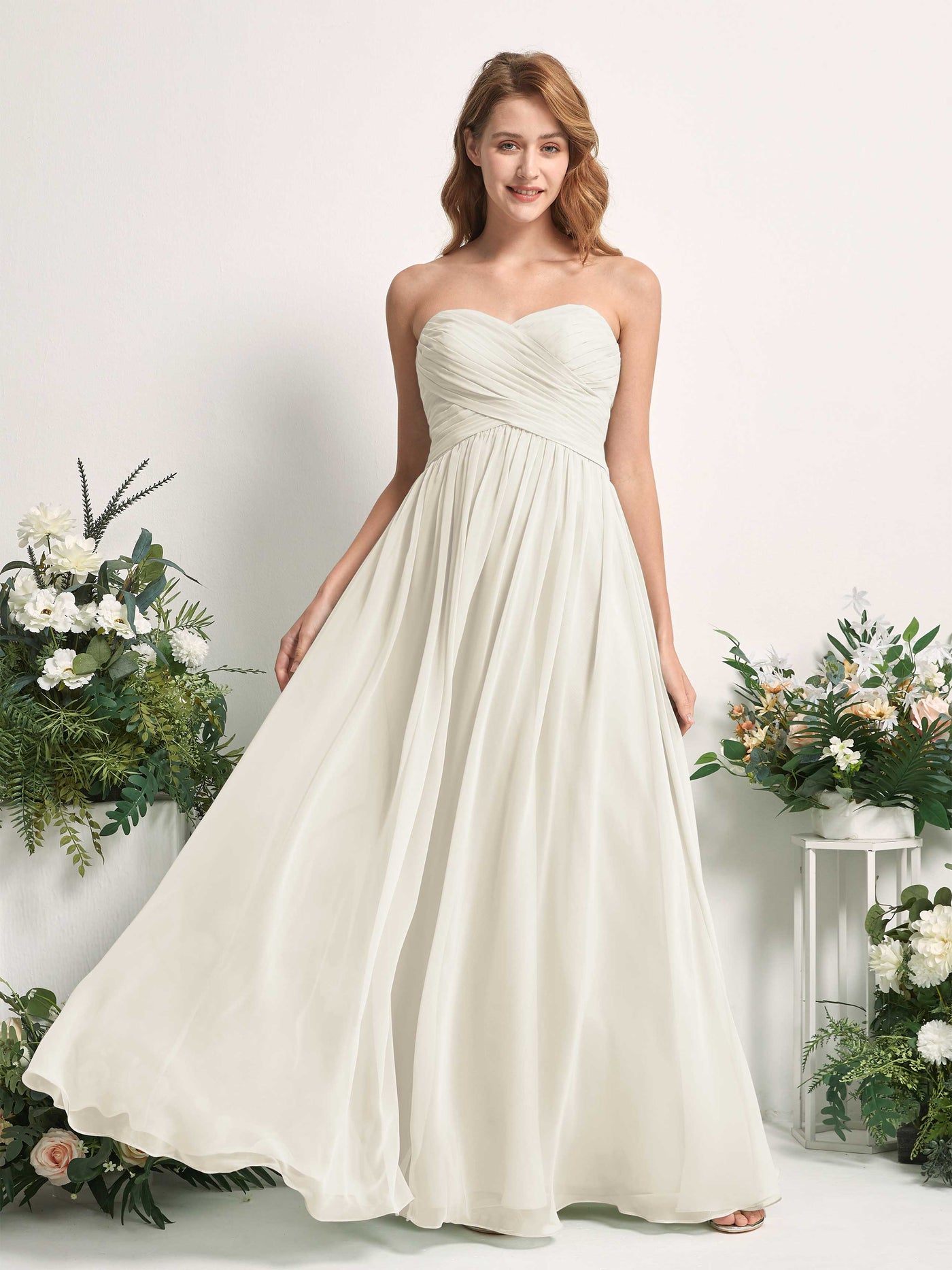 Carlyna A-Linie Herzausschnitt Bodenlang Chiffonkleid gerafft Brautjungfernkleid Elfenbein #farbe_elfenbein