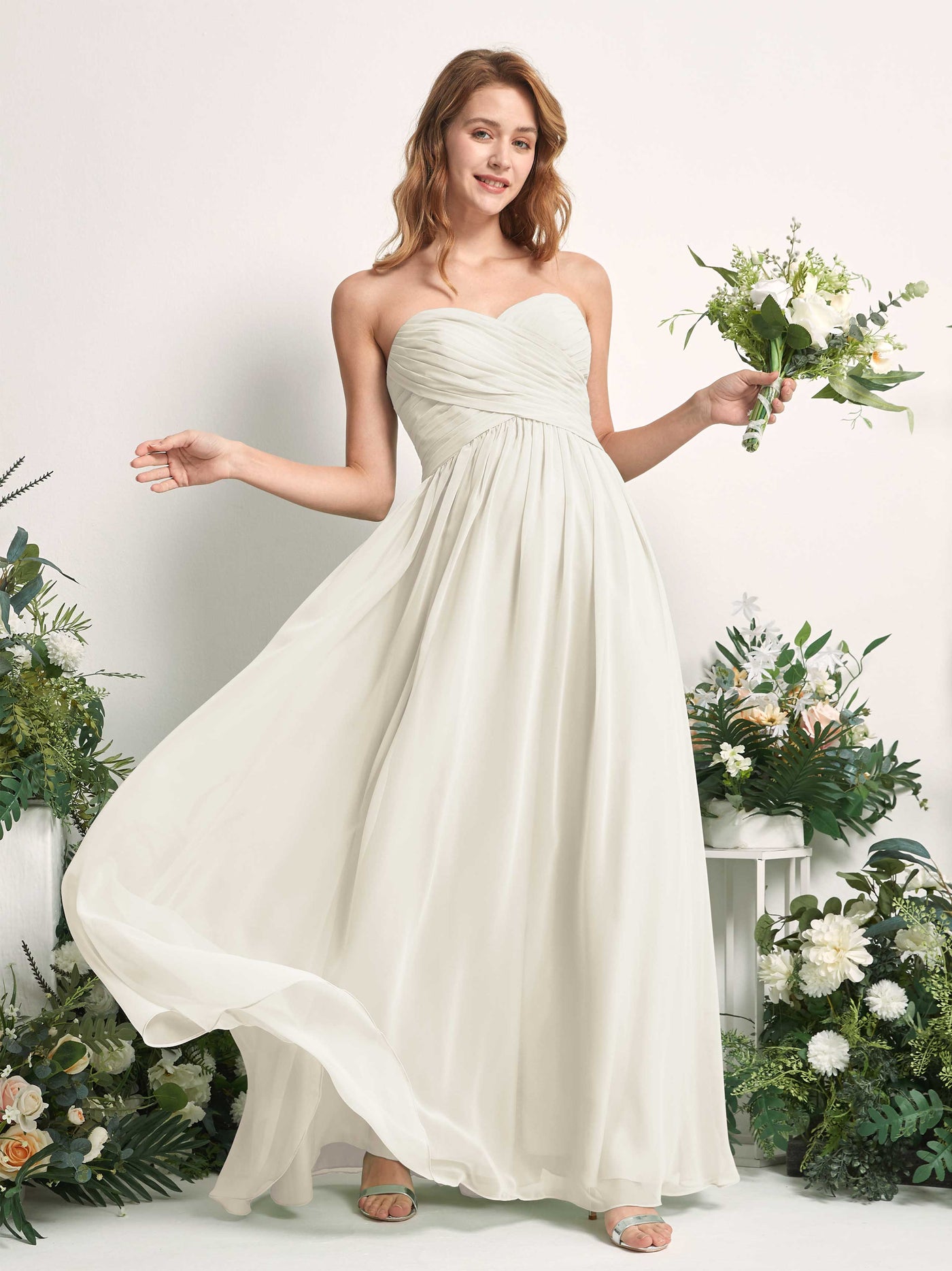 Carlyna A-Linie Herzausschnitt Bodenlang Chiffonkleid gerafft Brautjungfernkleid Elfenbein #farbe_elfenbein