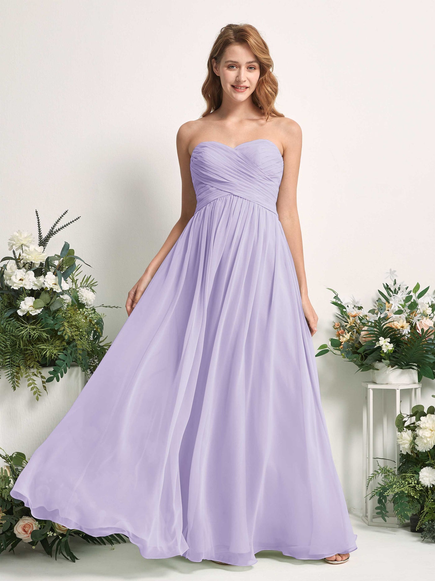 Carlyna A-Linie Herzausschnitt Bodenlang Chiffonkleid gerafft Brautjungfernkleid Flieder #farbe_flieder