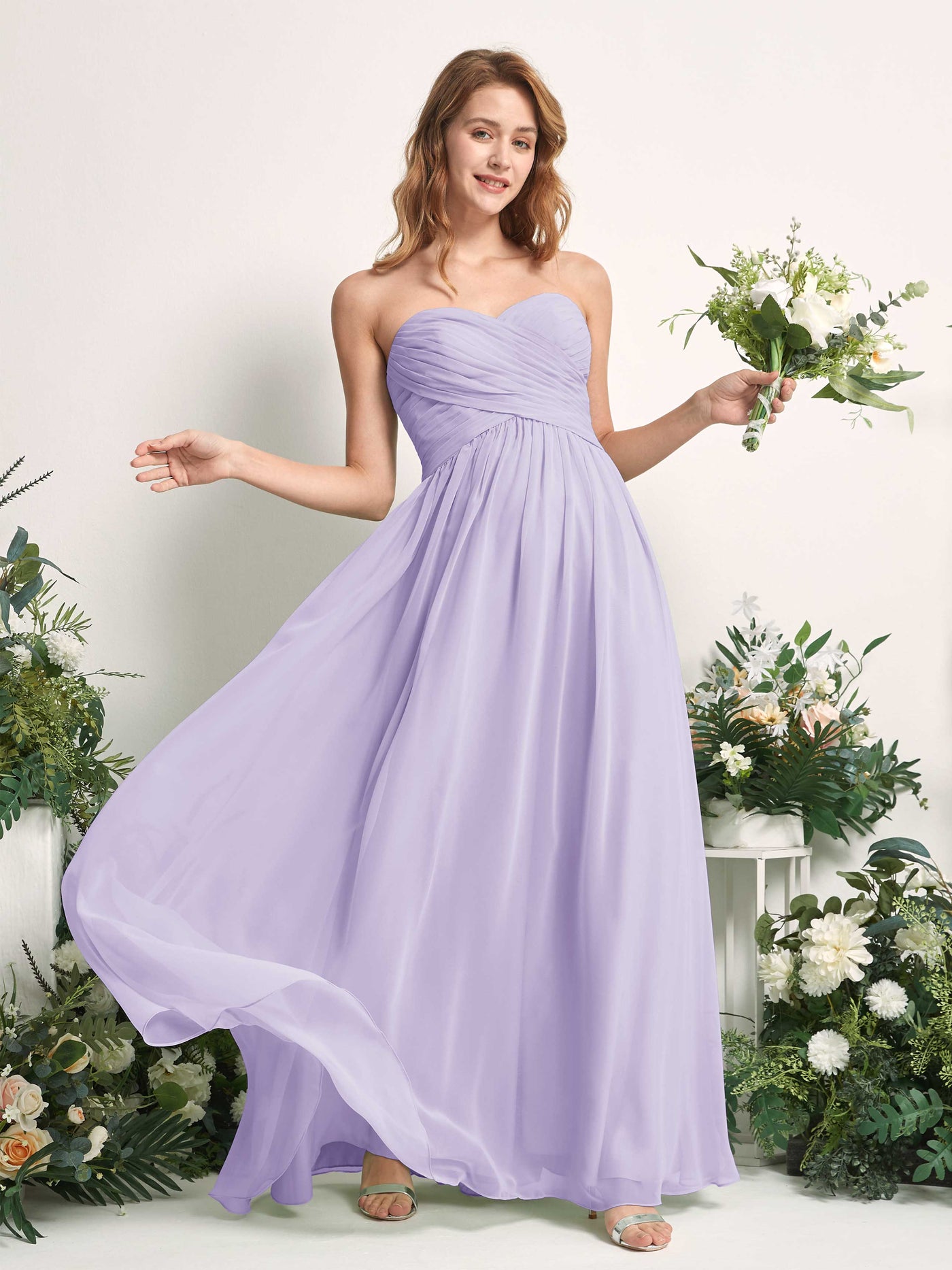 Carlyna A-Linie Herzausschnitt Bodenlang Chiffonkleid gerafft Brautjungfernkleid Flieder #farbe_flieder
