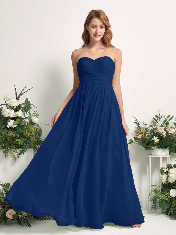 Carlyna A-Linie Herzausschnitt Bodenlang Chiffonkleid gerafft Brautjungfernkleid Königsblau 