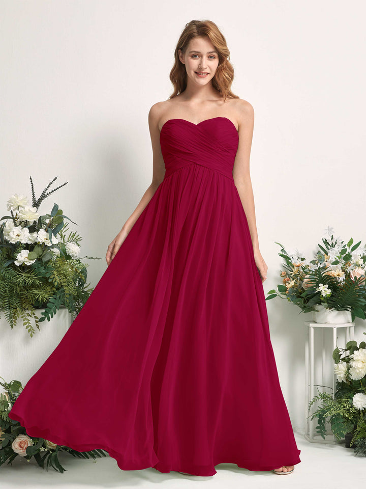 Carlyna A-Linie Herzausschnitt Bodenlang Chiffonkleid gerafft Brautjungfernkleid Narrenrot 