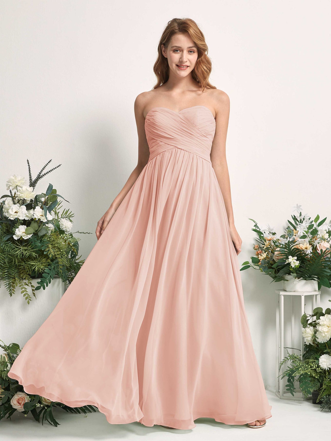 Carlyna A-Linie Herzausschnitt Bodenlang Chiffonkleid gerafft Brautjungfernkleid Perlrosa #farbe_perlrosa