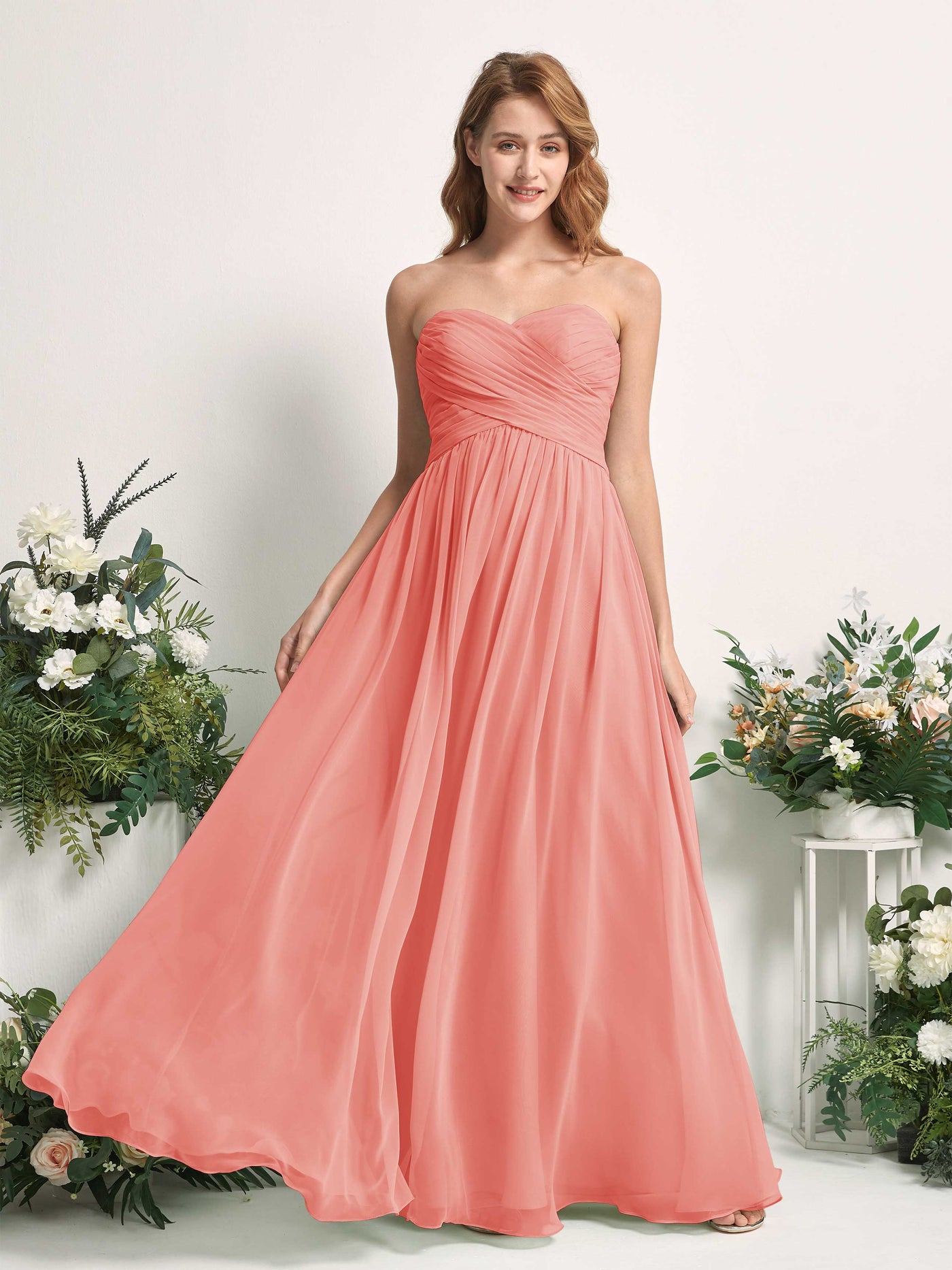 Carlyna A-Linie Herzausschnitt Bodenlang Chiffonkleid gerafft Brautjungfernkleid Pfirsichrosa #farbe_pfirsichrosa