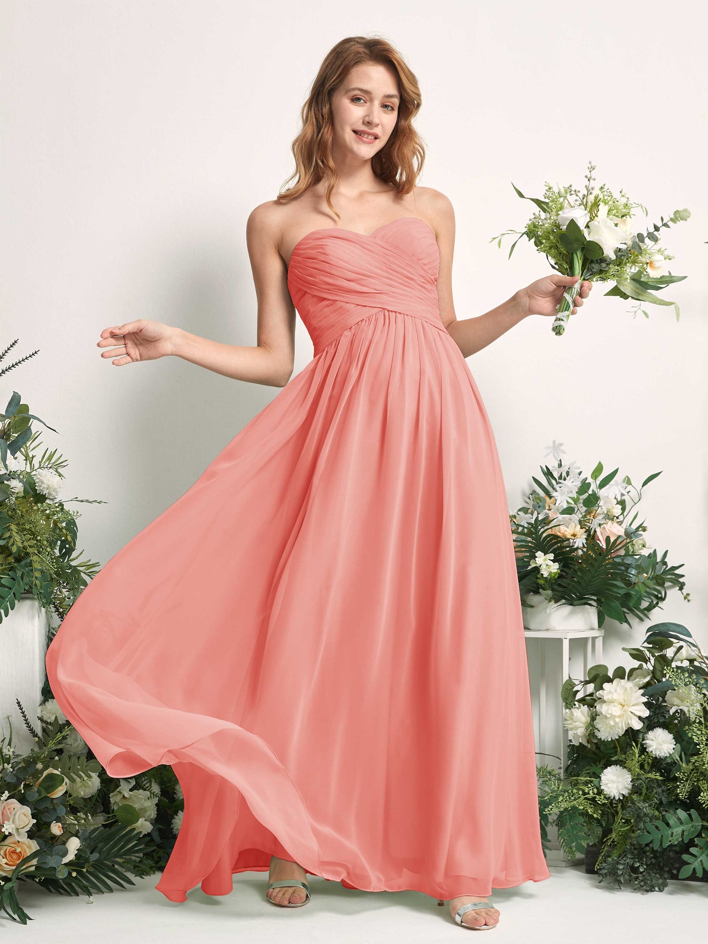 Carlyna A-Linie Herzausschnitt Bodenlang Chiffonkleid gerafft Brautjungfernkleid Pfirsichrosa #farbe_pfirsichrosa