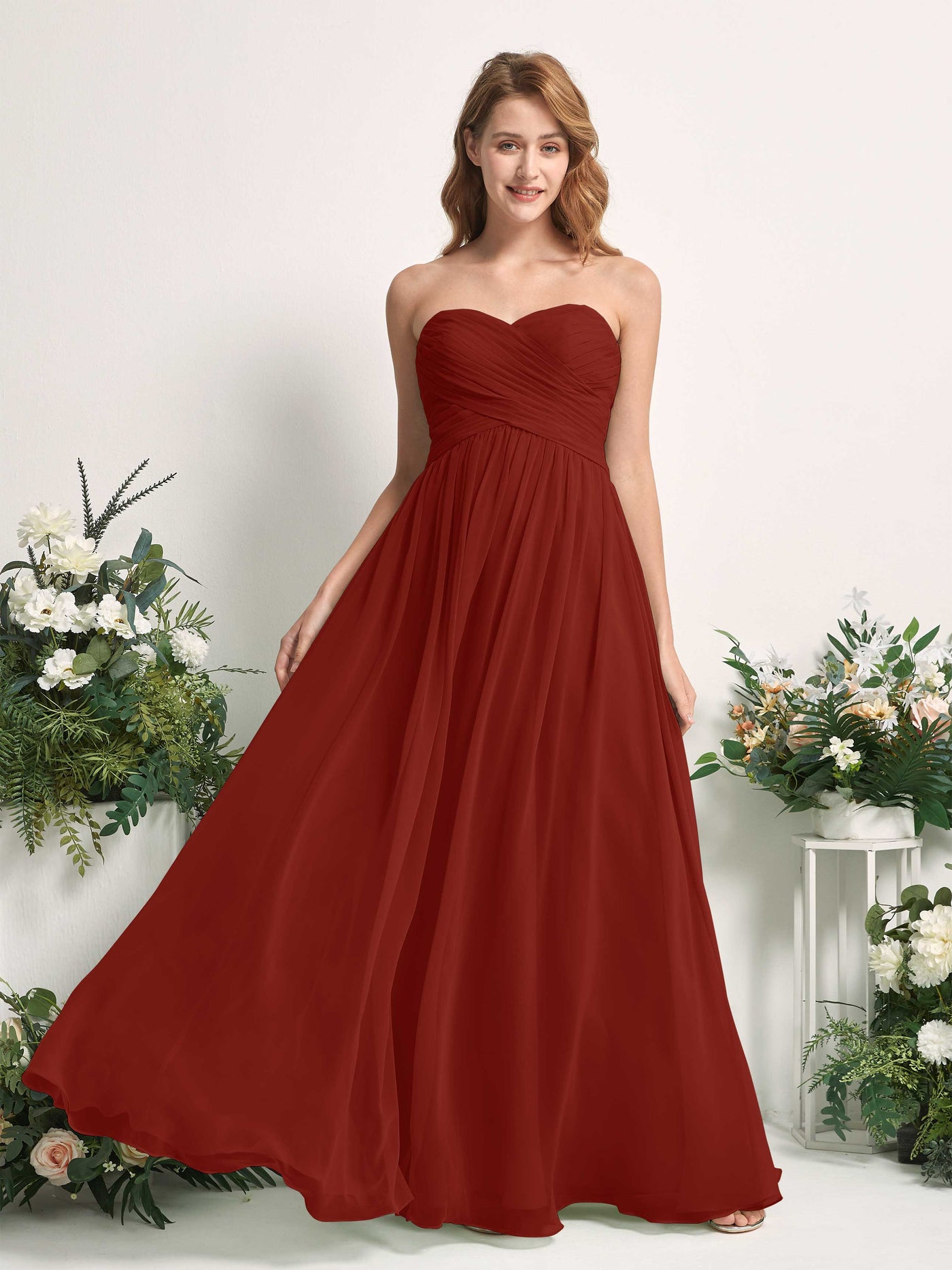 Carlyna A-Linie Herzausschnitt Bodenlang Chiffonkleid gerafft Brautjungfernkleid Rostrot #farbe_rostrot