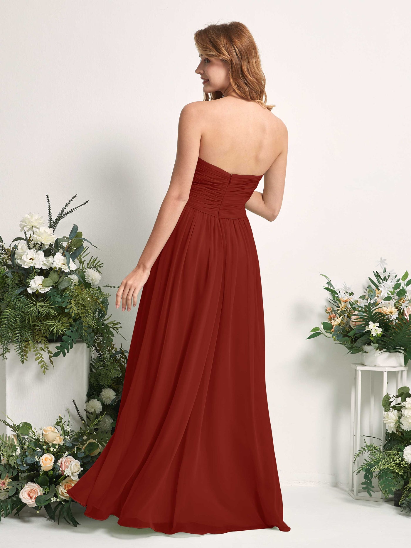 Carlyna A-Linie Herzausschnitt Bodenlang Chiffonkleid gerafft Brautjungfernkleid Rostrot #farbe_rostrot