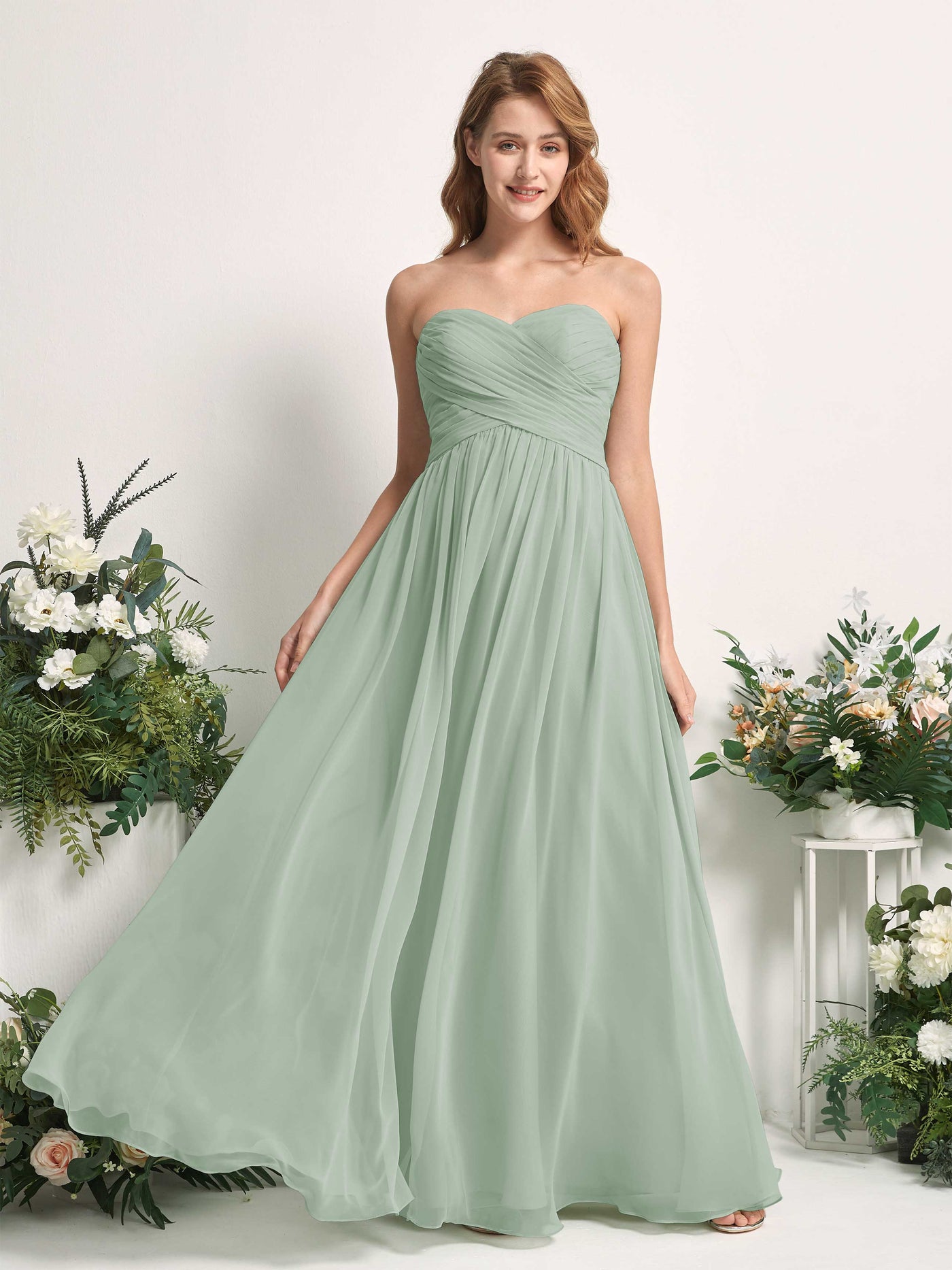 Carlyna A-Linie Herzausschnitt Bodenlang Chiffonkleid gerafft Brautjungfernkleid Salbeigrün #farbe_salbeigr-n