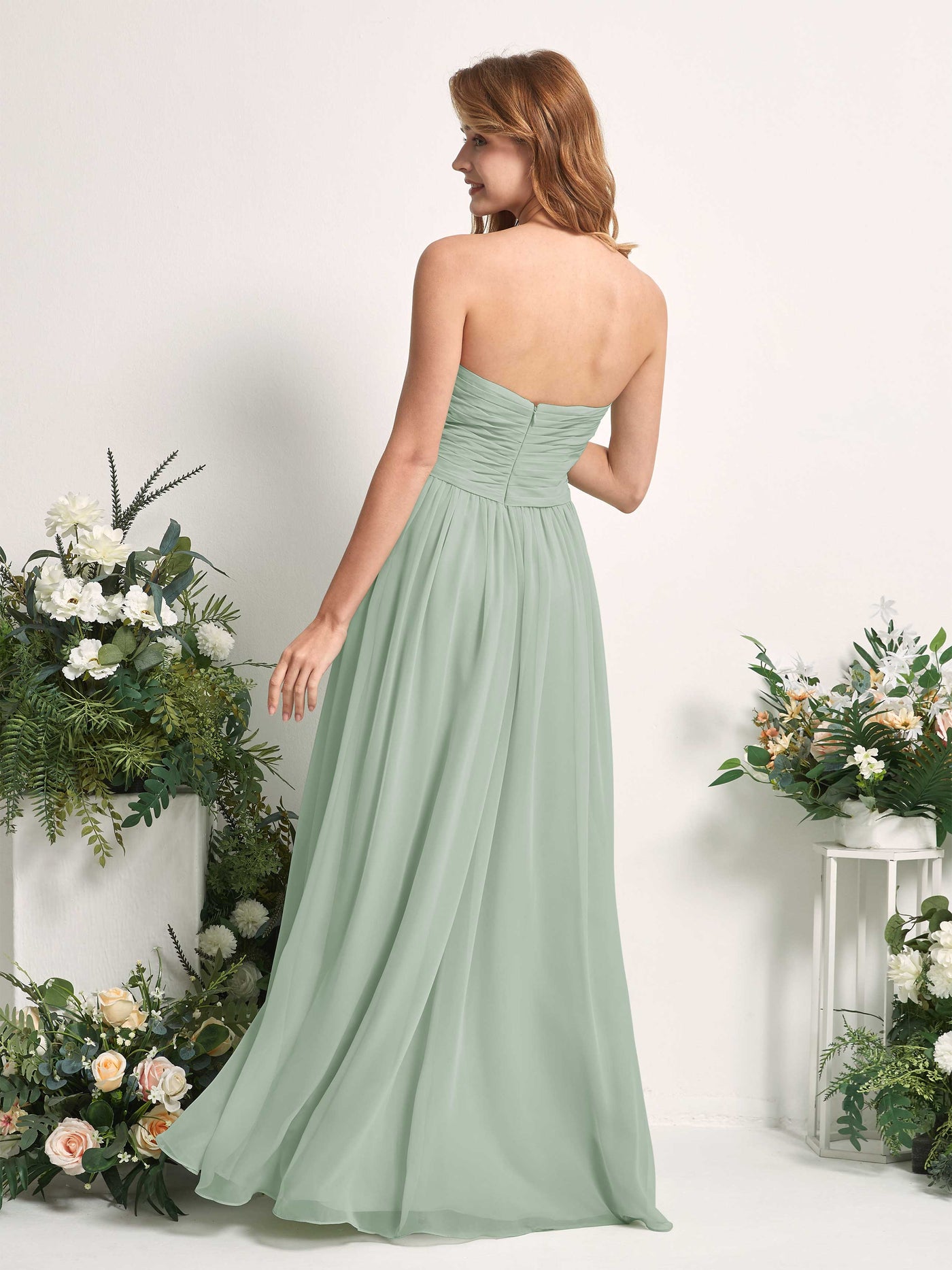 Carlyna A-Linie Herzausschnitt Bodenlang Chiffonkleid gerafft Brautjungfernkleid Salbeigrün #farbe_salbeigr-n