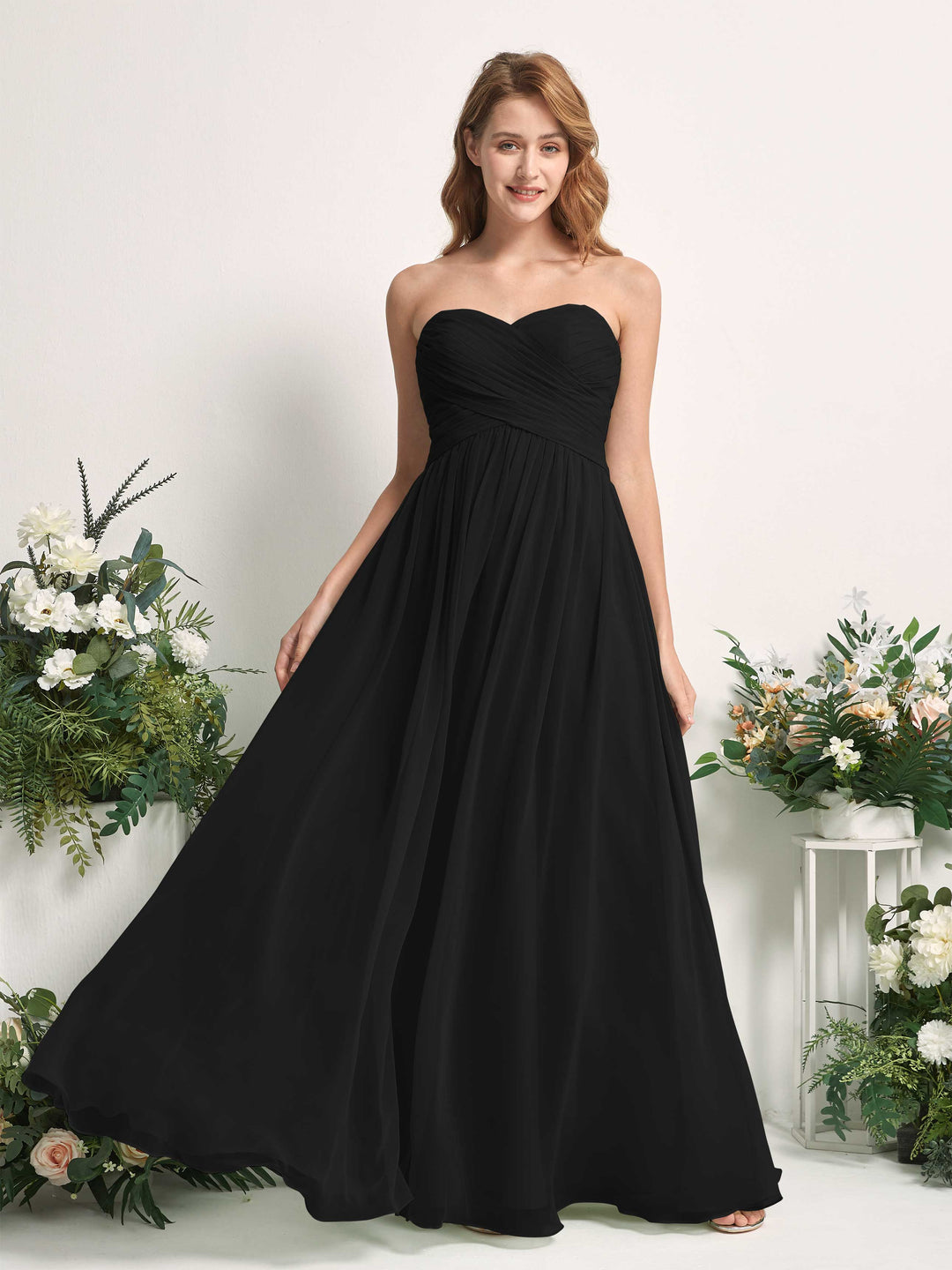 Carlyna A-Linie Herzausschnitt Bodenlang Chiffonkleid gerafft Brautjungfernkleid Schwarz 