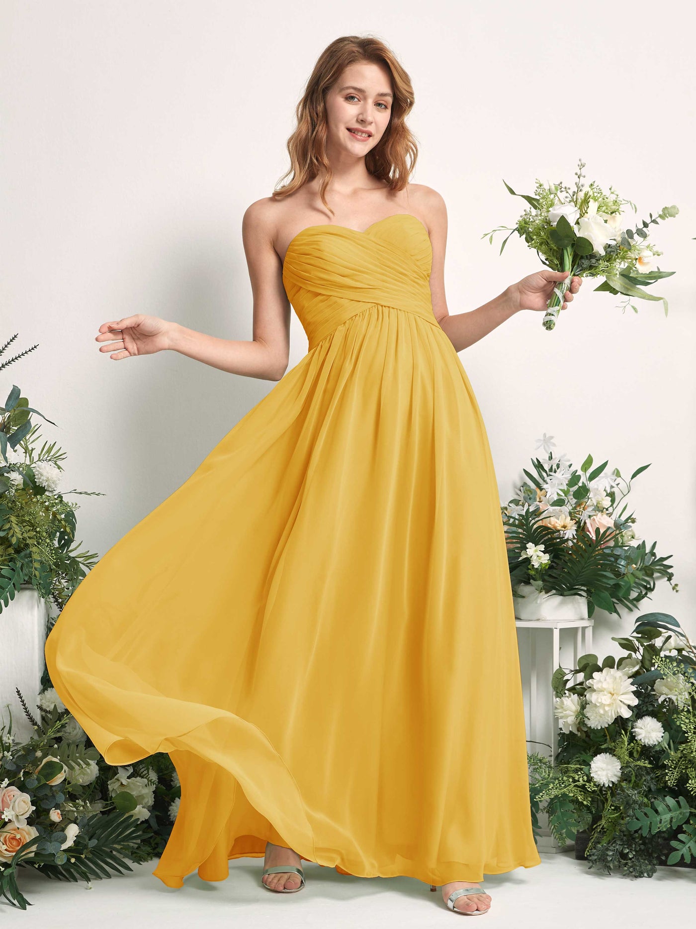Carlyna A-Linie Herzausschnitt Bodenlang Chiffonkleid gerafft Brautjungfernkleid Senfgelb #farbe_senfgelb