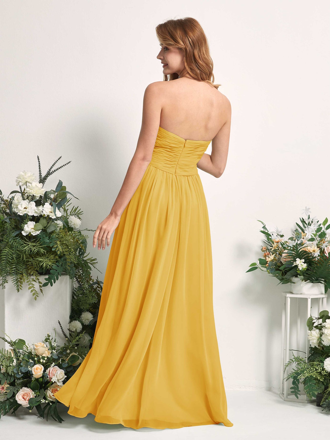 Carlyna A-Linie Herzausschnitt Bodenlang Chiffonkleid gerafft Brautjungfernkleid Senfgelb #farbe_senfgelb