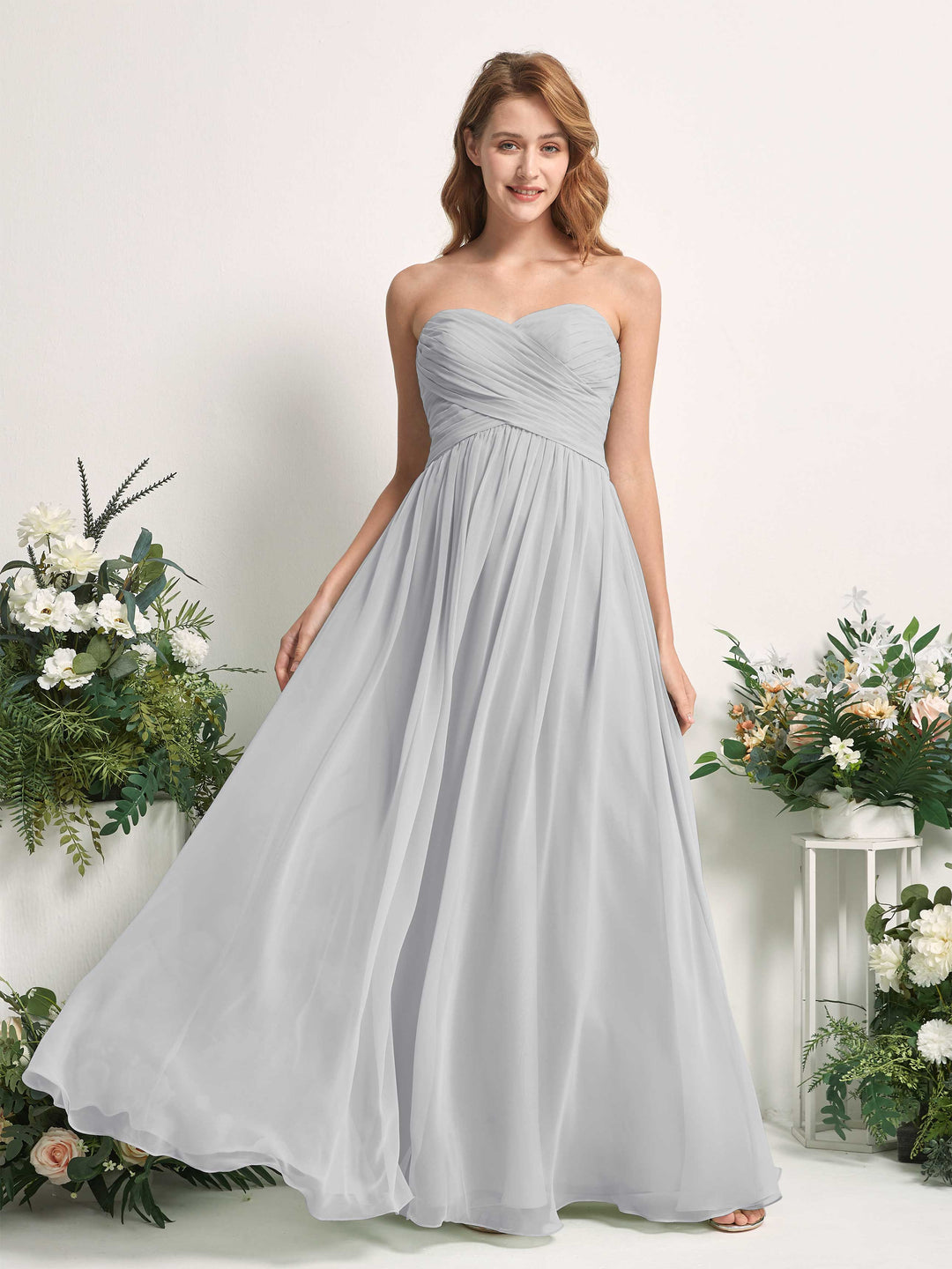 Carlyna A-Linie Herzausschnitt Bodenlang Chiffonkleid gerafft Brautjungfernkleid Silber 