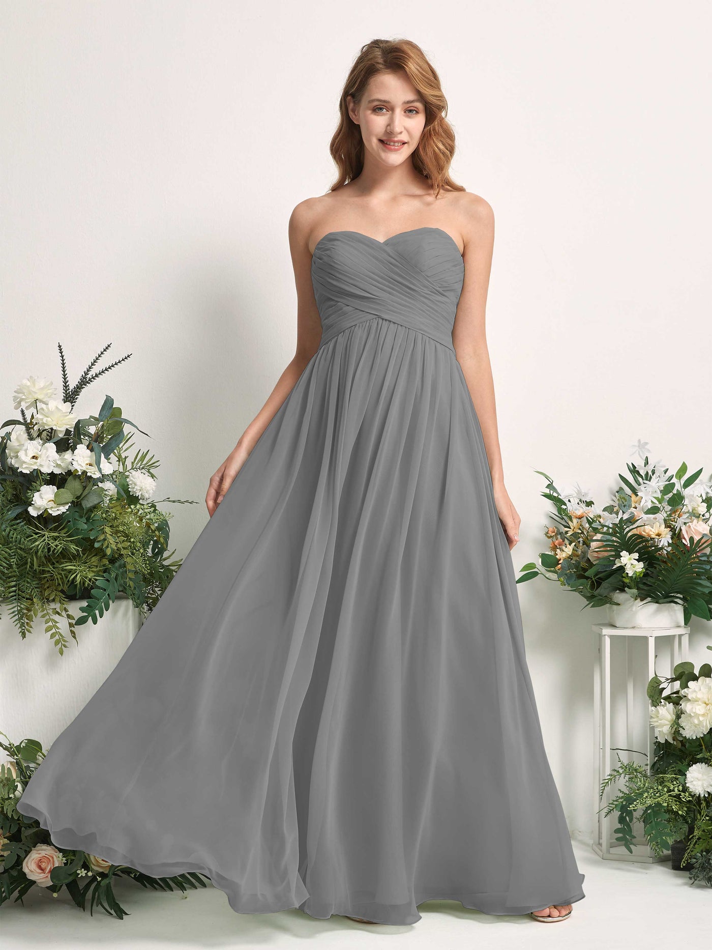 Carlyna A-Linie Herzausschnitt Bodenlang Chiffonkleid gerafft Brautjungfernkleid Stahlgrau #farbe_stahlgrau