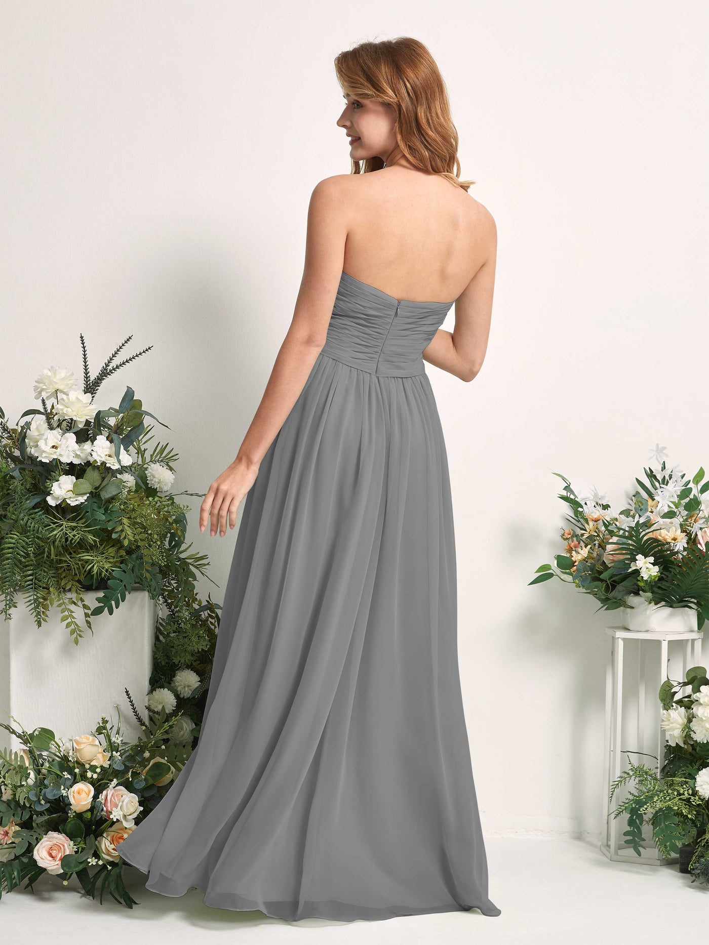 Carlyna A-Linie Herzausschnitt Bodenlang Chiffonkleid gerafft Brautjungfernkleid Stahlgrau #farbe_stahlgrau