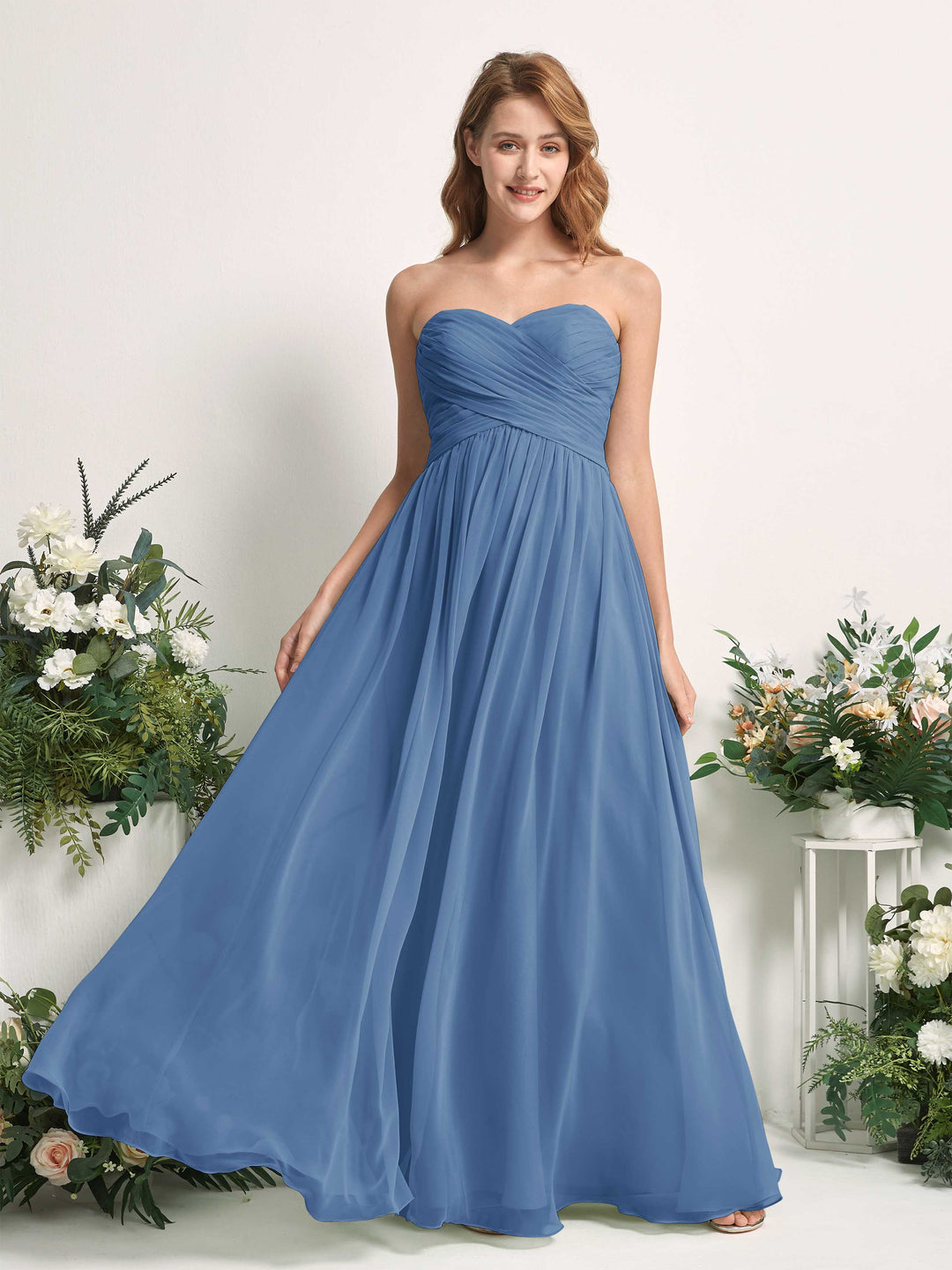 Carlyna A-Linie Herzausschnitt Bodenlang Chiffonkleid gerafft Brautjungfernkleid Staubiges Blau 