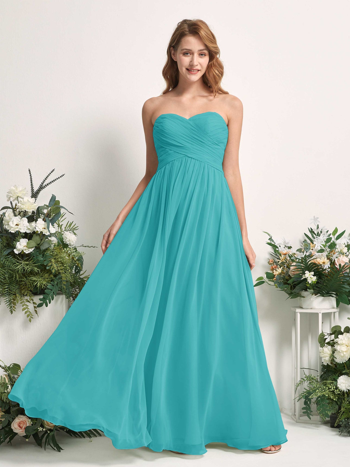 Carlyna A-Linie Herzausschnitt Bodenlang Chiffonkleid gerafft Brautjungfernkleid Türkis #farbe_t-rkis