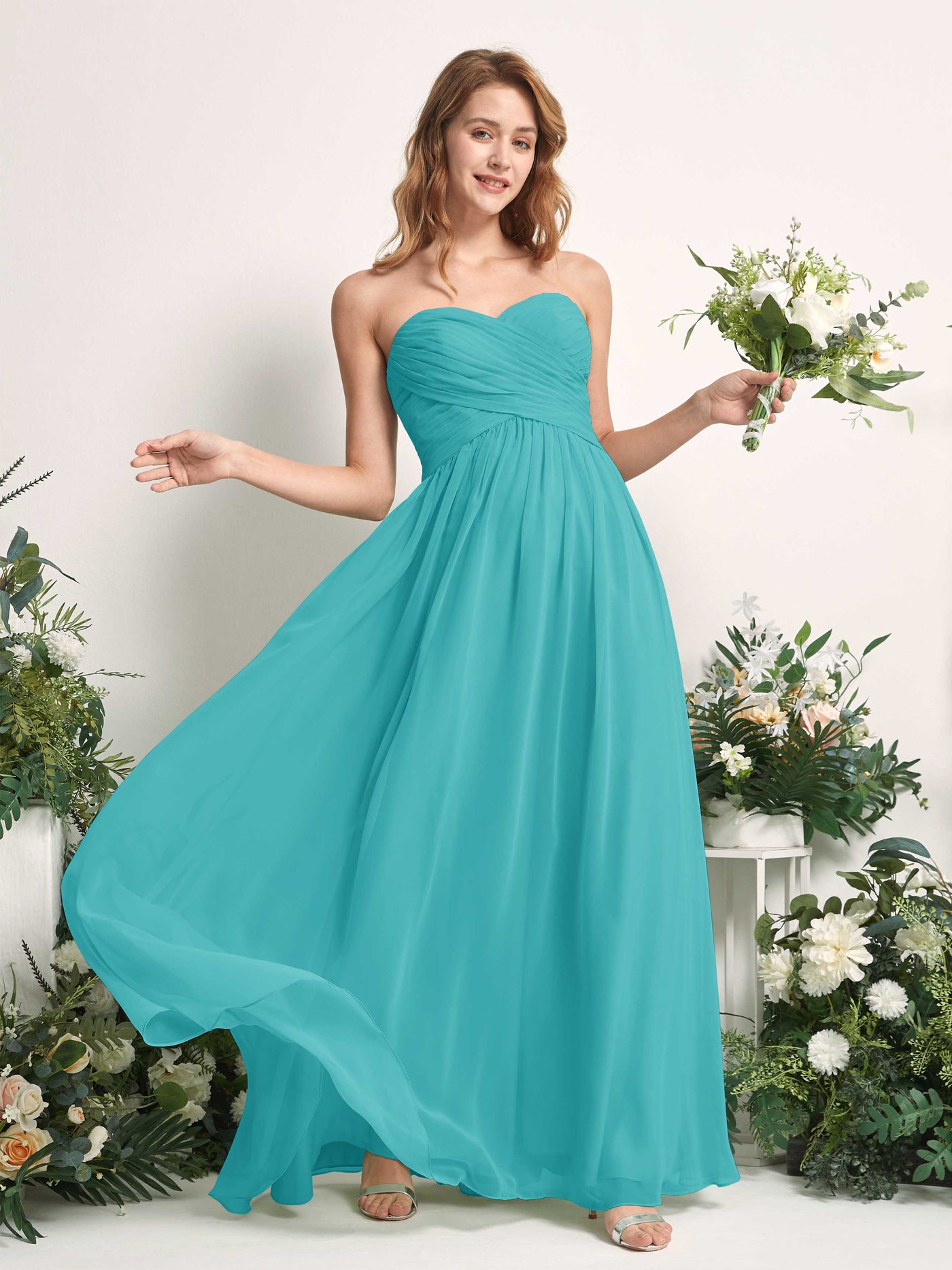 Carlyna A-Linie Herzausschnitt Bodenlang Chiffonkleid gerafft Brautjungfernkleid Türkis #farbe_t-rkis