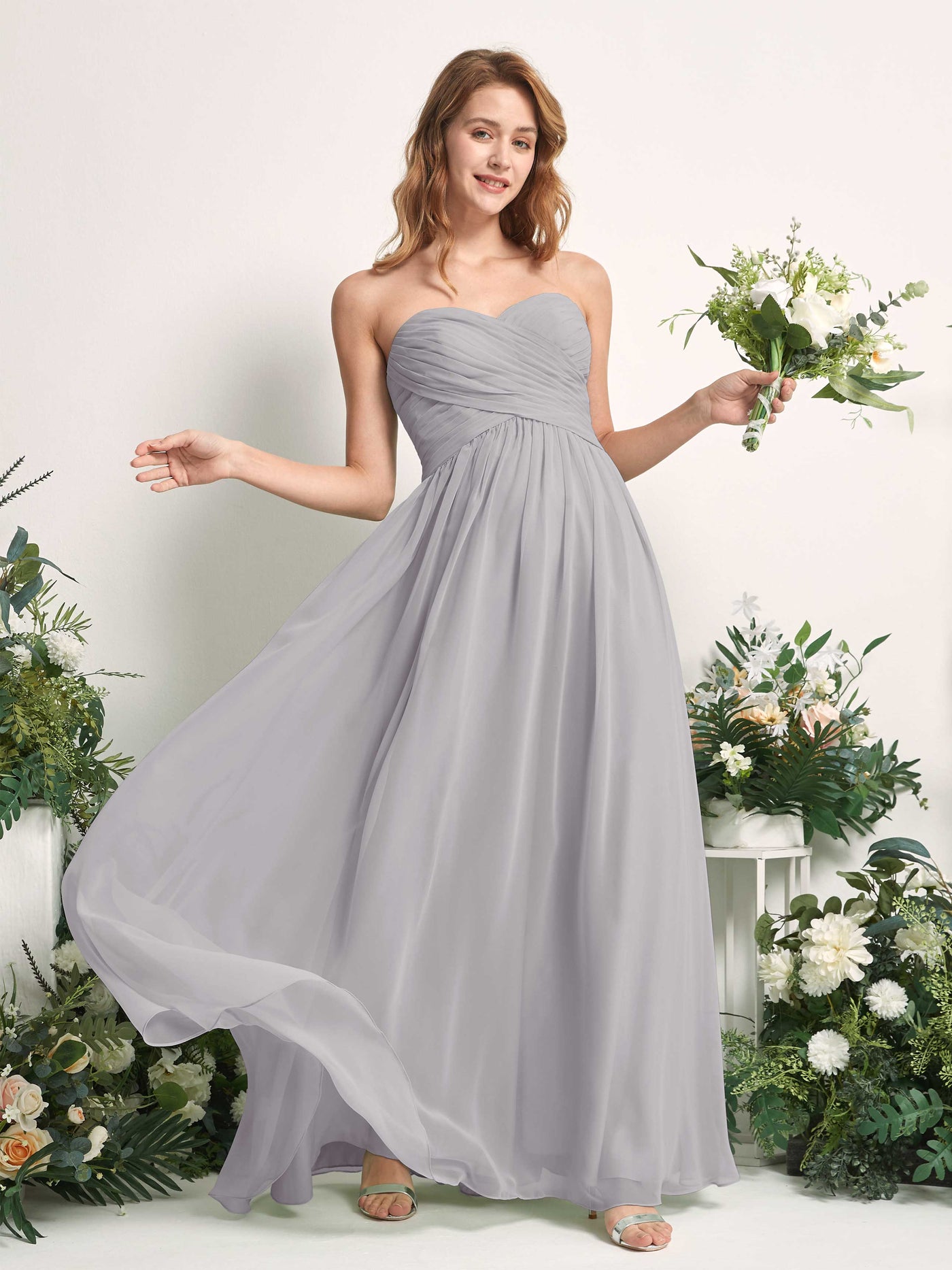 Carlyna A-Linie Herzausschnitt Bodenlang Chiffonkleid gerafft Brautjungfernkleid Taube #farbe_taube