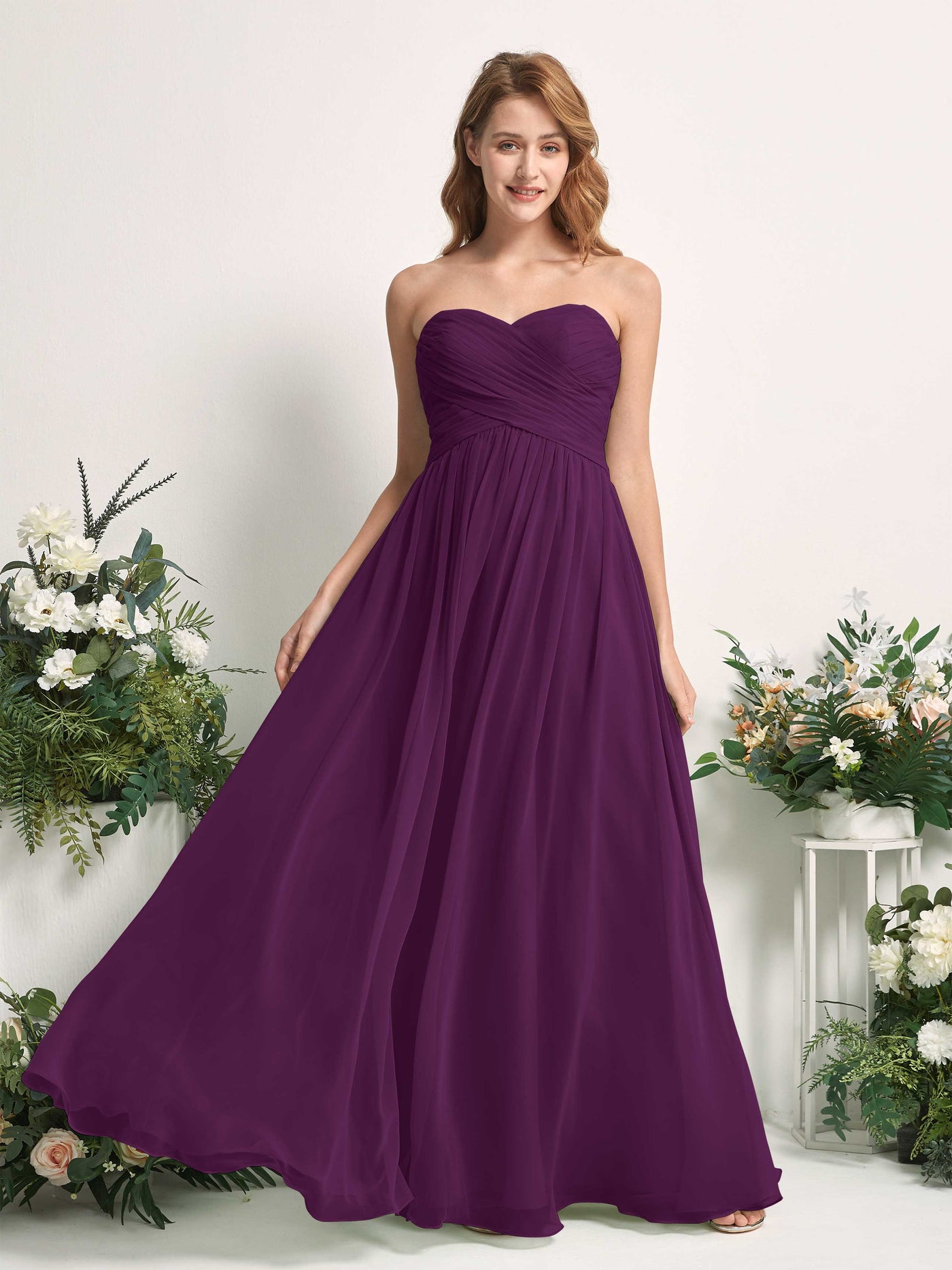 Carlyna A-Linie Herzausschnitt Bodenlang Chiffonkleid gerafft Brautjungfernkleid Traube #farbe_traube