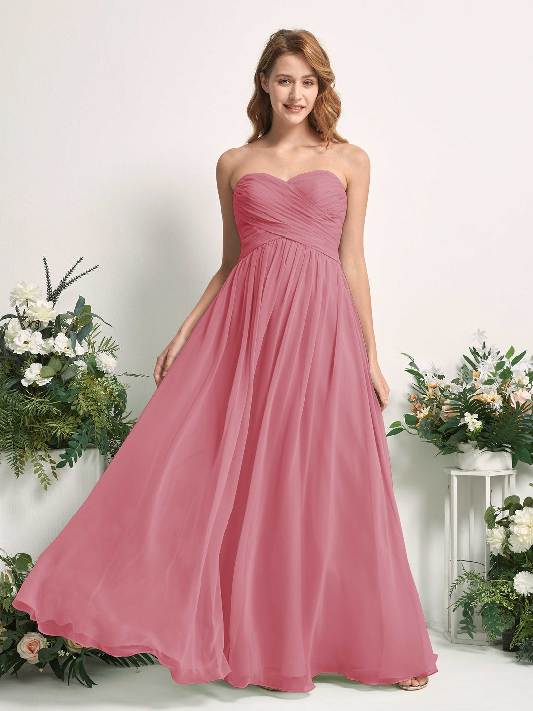Carlyna A-Linie Herzausschnitt Bodenlang Chiffonkleid gerafft Brautjungfernkleid Wüstenrose 