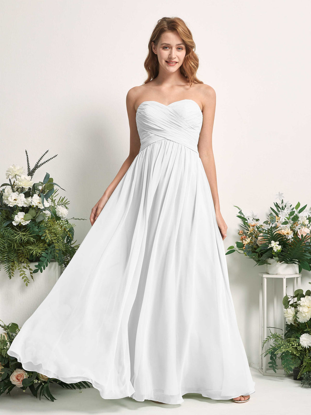 Carlyna A-Linie Herzausschnitt Bodenlang Chiffonkleid gerafft Brautjungfernkleid Weiß 