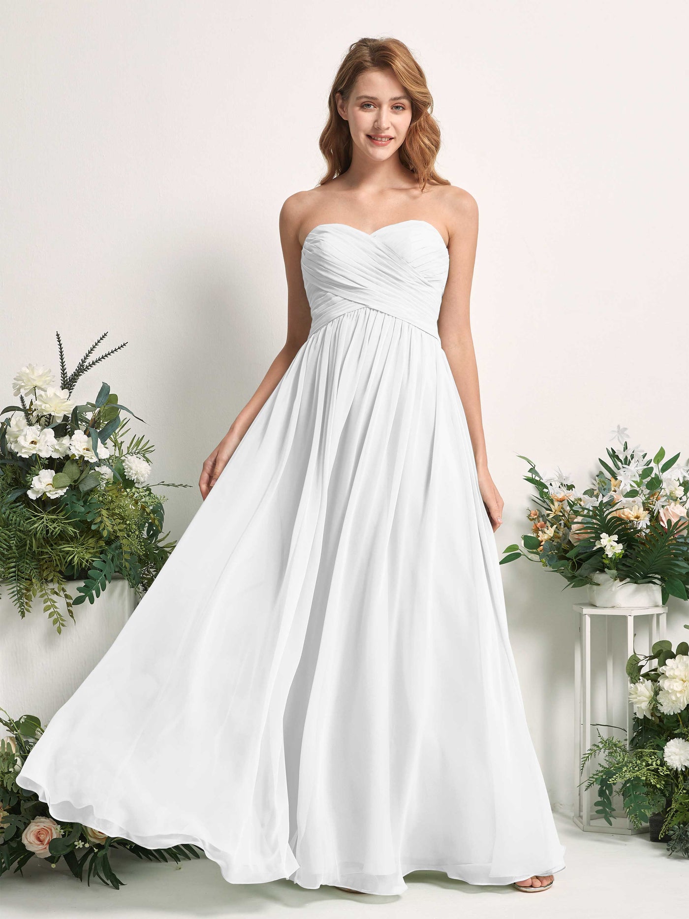 Carlyna A-Linie Herzausschnitt Bodenlang Chiffonkleid gerafft Brautjungfernkleid Weiß #farbe_wei