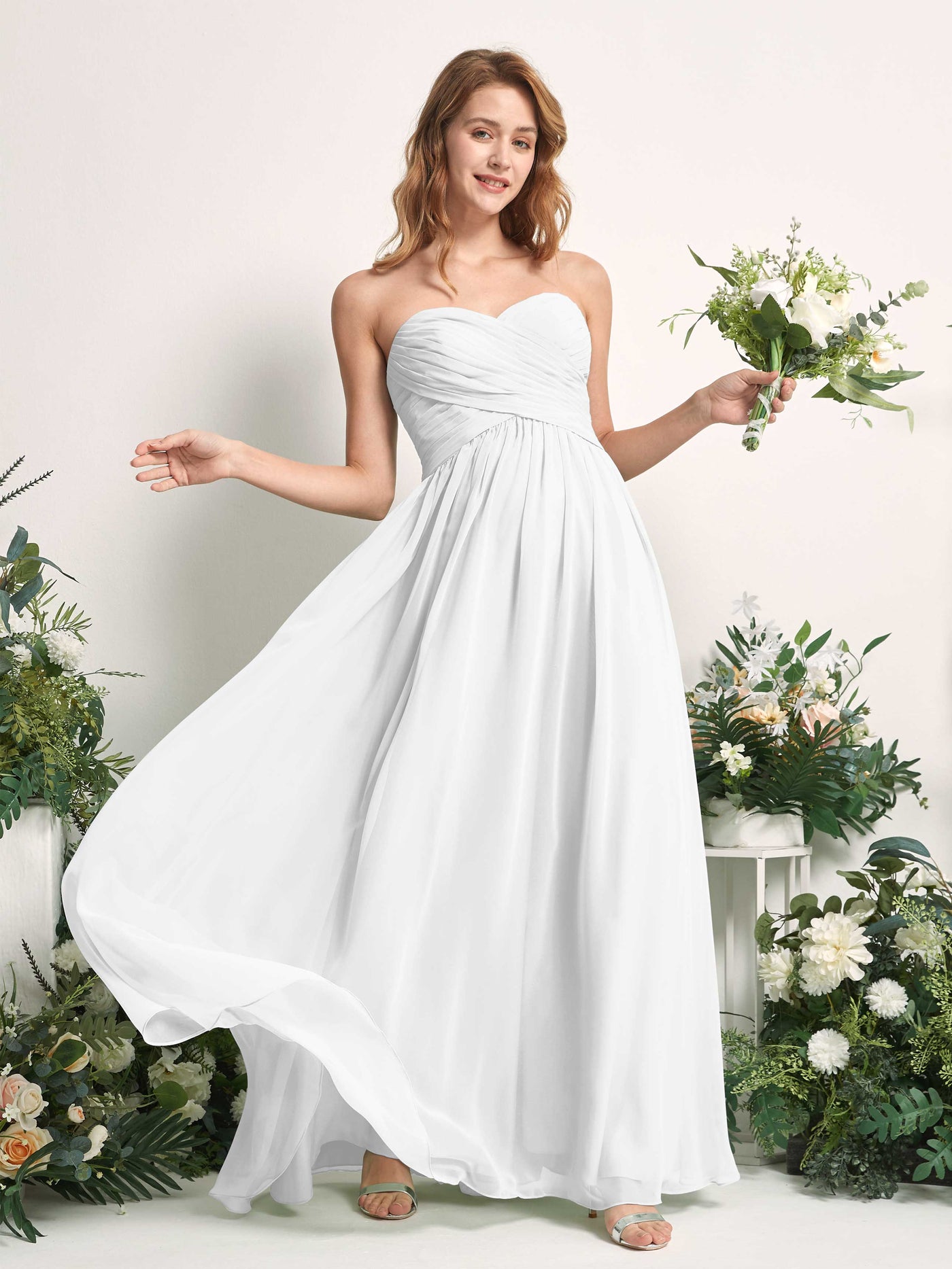 Carlyna A-Linie Herzausschnitt Bodenlang Chiffonkleid gerafft Brautjungfernkleid Weiß #farbe_wei