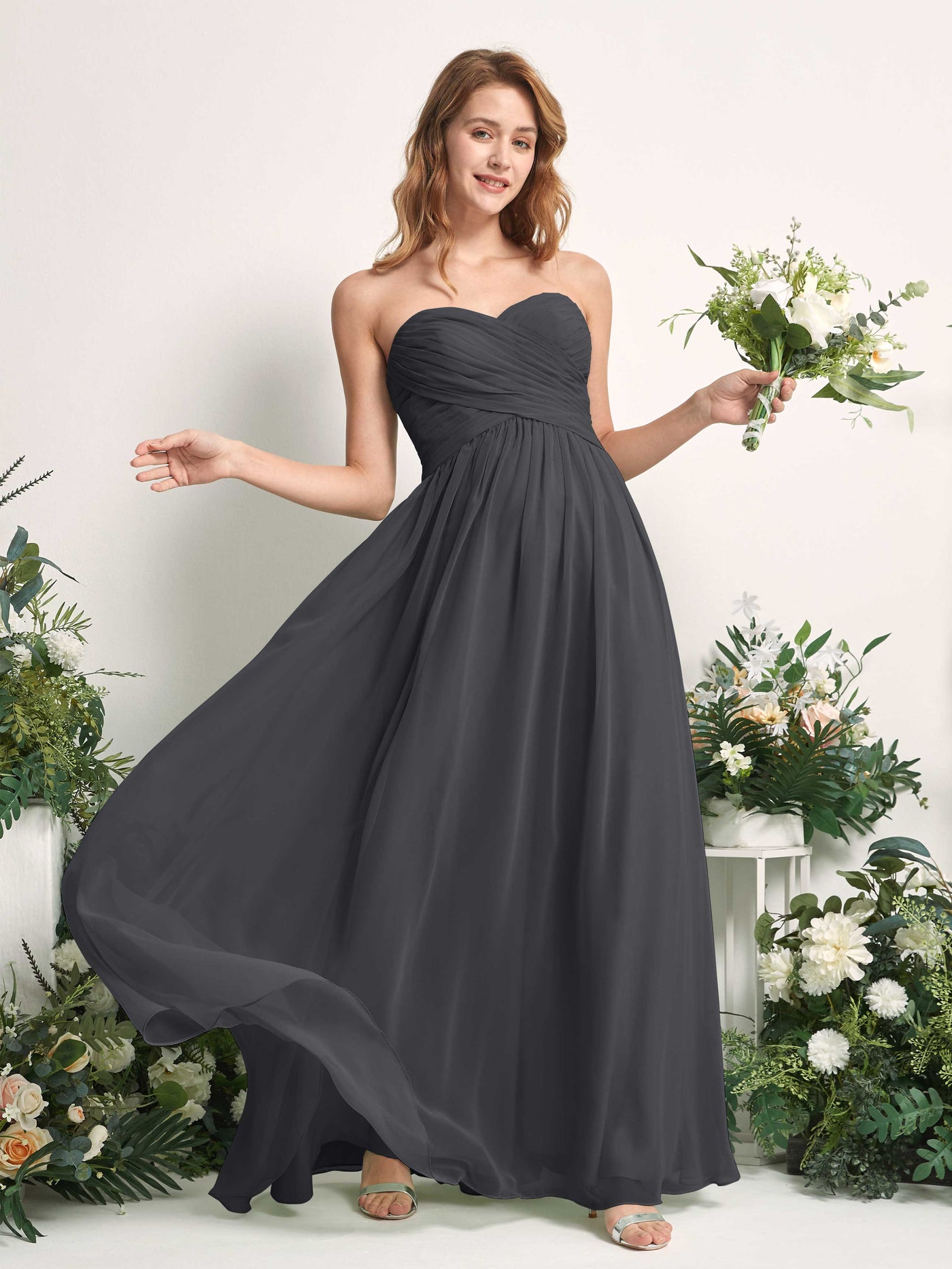 Carlyna A-Linie Herzausschnitt Bodenlang Chiffonkleid gerafft Brautjungfernkleid Zinnfarben #farbe_zinnfarben