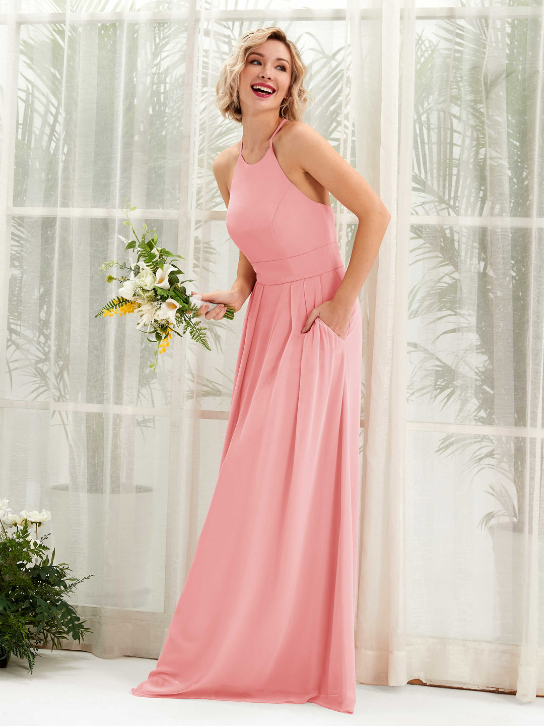 Carlyna A-Linie Kleid Rundhals Bodenlang Taschen Brautjungfernkleid Ballettrosa 
