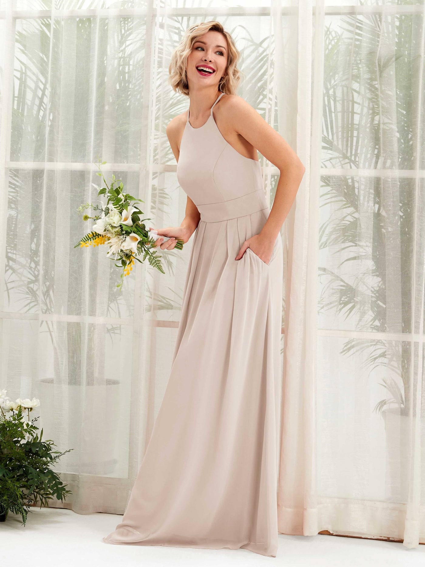 Carlyna A-Linie Kleid Rundhals Bodenlang Taschen Brautjungfernkleid Champagner #farbe_champagner