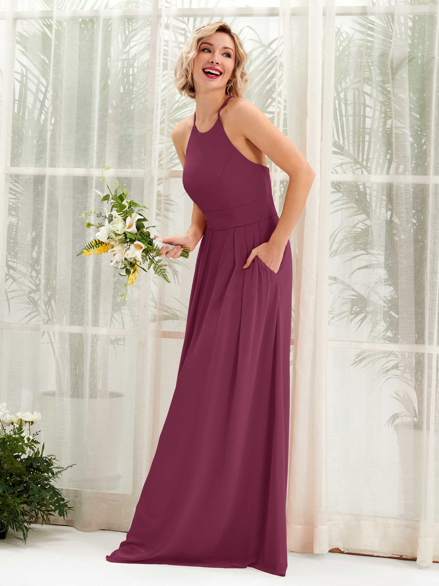 Carlyna A-Linie Kleid Rundhals Bodenlang Taschen Brautjungfernkleid Chianti #farbe_chianti