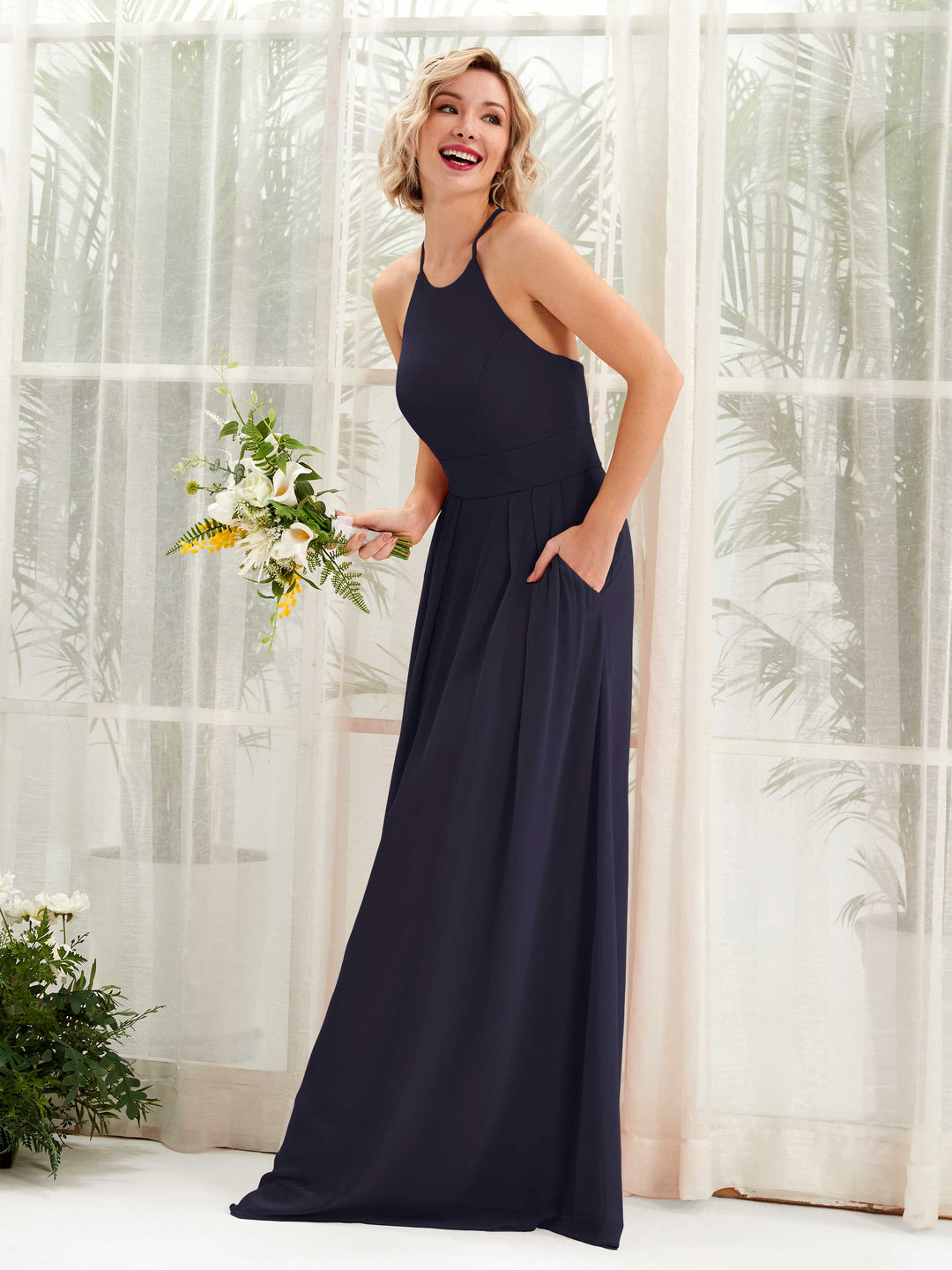 Carlyna A-Linie Kleid Rundhals Bodenlang Taschen Brautjungfernkleid Dunkel Marineblau 