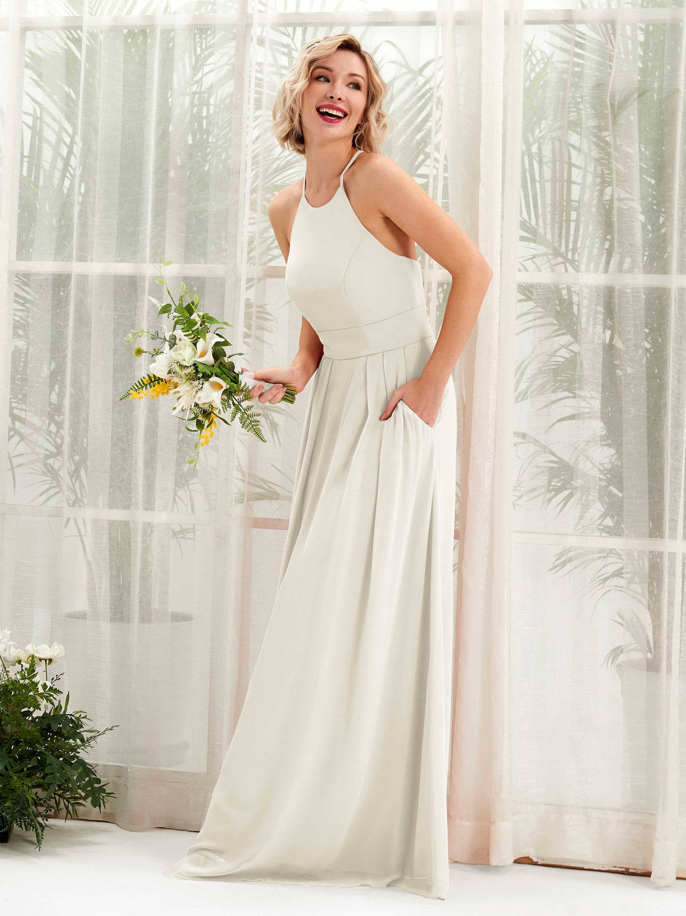 Carlyna A-Linie Kleid Rundhals Bodenlang Taschen Brautjungfernkleid Elfenbein #farbe_elfenbein