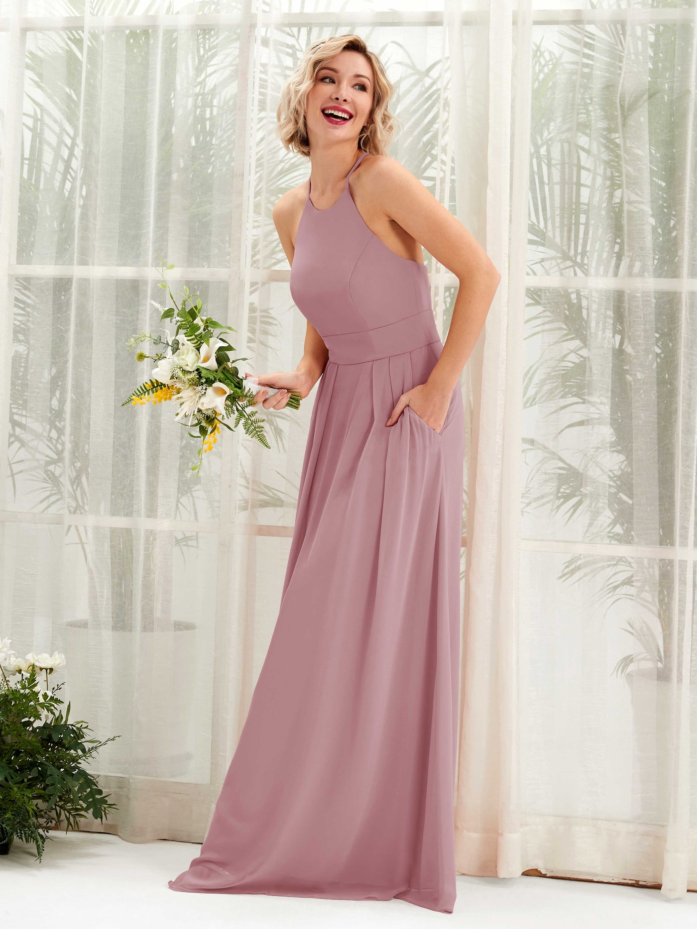 Carlyna A-Linie Kleid Rundhals Bodenlang Taschen Brautjungfernkleid Klassisch Mauve #farbe_klassisch-mauve