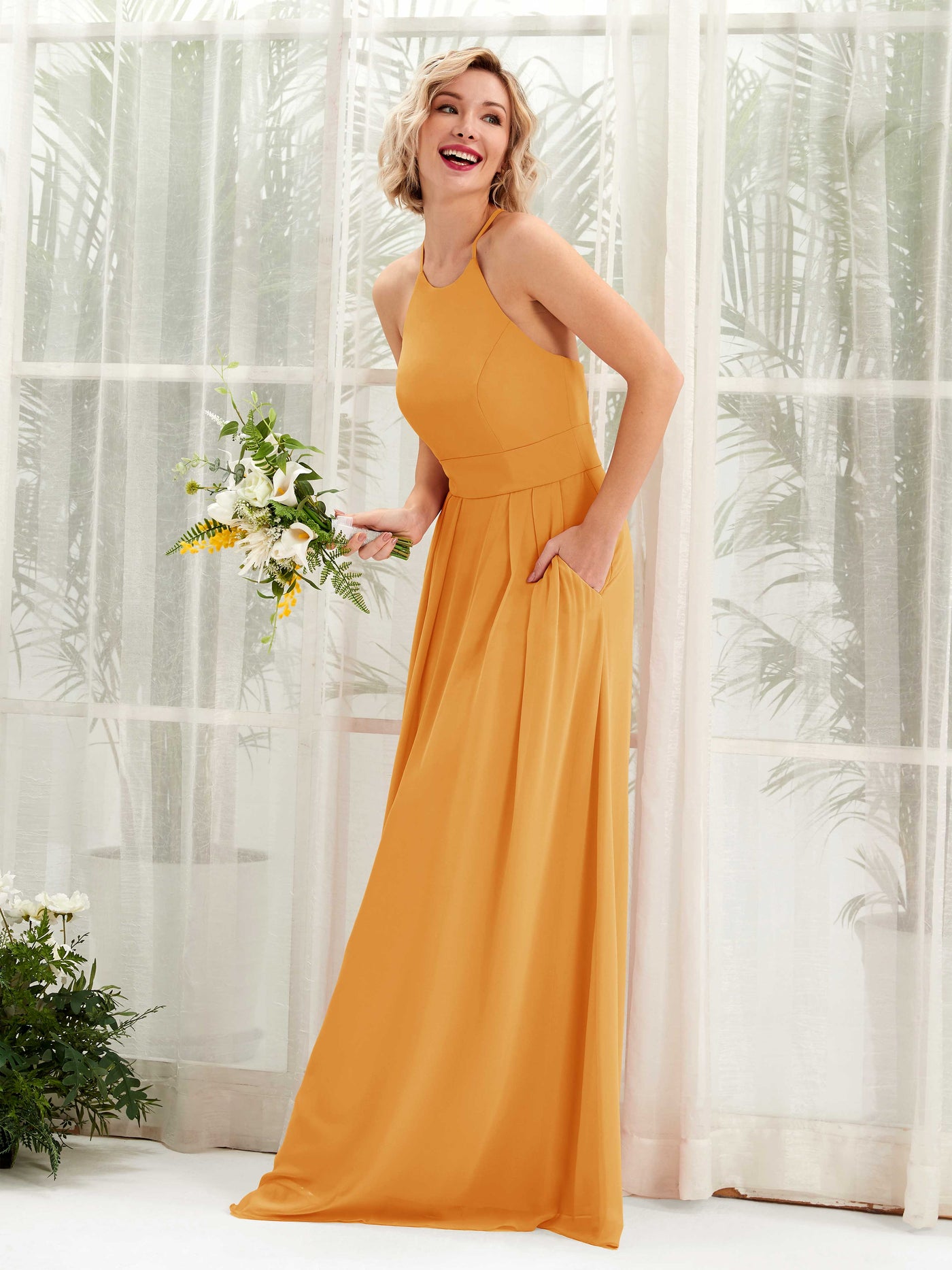 Carlyna A-Linie Kleid Rundhals Bodenlang Taschen Brautjungfernkleid Mango #farbe_mango