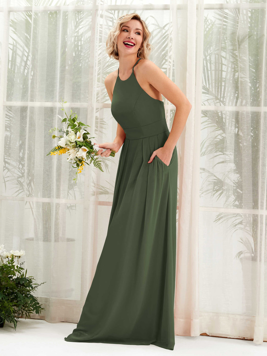 Carlyna A-Linie Kleid Rundhals Bodenlang Taschen Brautjungfernkleid Martini-Olive 