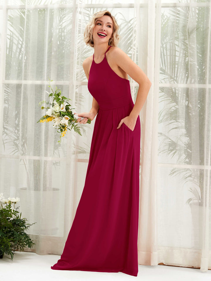 Carlyna A-Linie Kleid Rundhals Bodenlang Taschen Brautjungfernkleid Narrenrot 