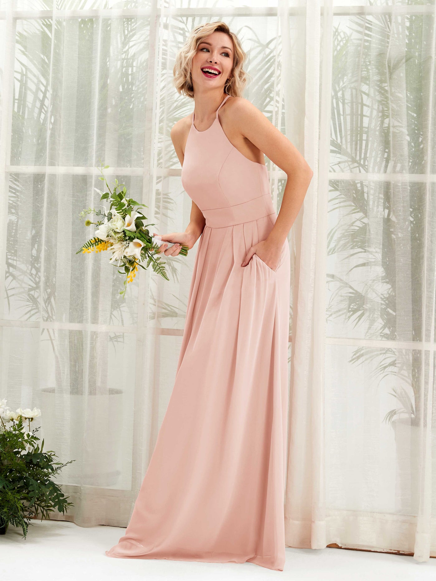 Carlyna A-Linie Kleid Rundhals Bodenlang Taschen Brautjungfernkleid Perlrosa #farbe_perlrosa