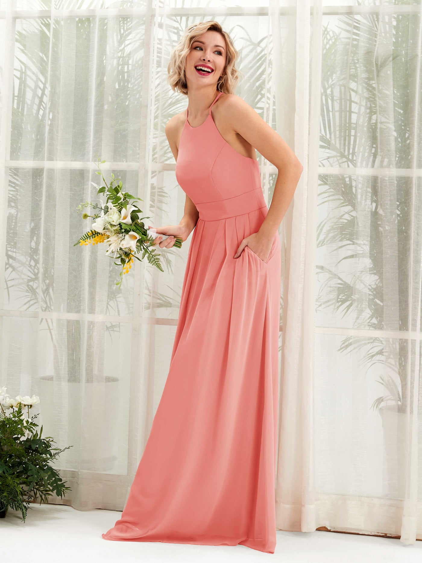 Carlyna A-Linie Kleid Rundhals Bodenlang Taschen Brautjungfernkleid Pfirsichrosa #farbe_pfirsichrosa
