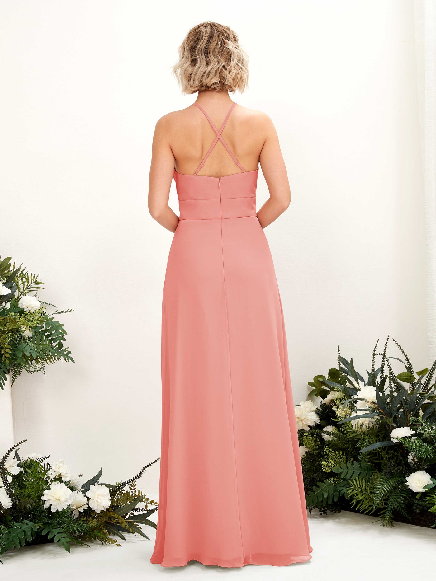Carlyna A-Linie Kleid Rundhals Bodenlang Taschen Brautjungfernkleid Pfirsichrosa #farbe_pfirsichrosa
